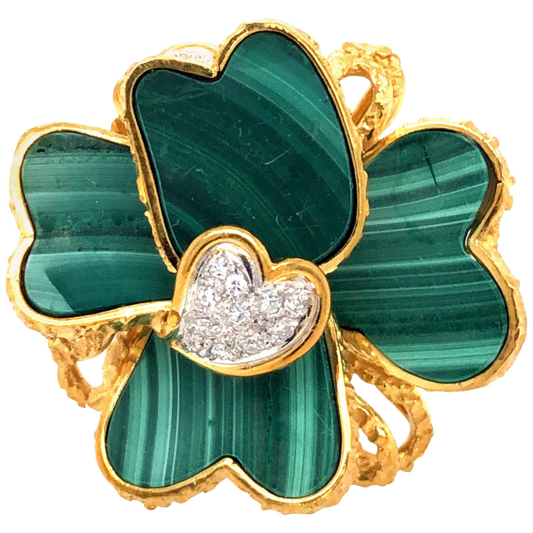 Estate 18 Karat Toliro Gold Diamond Malachite Flower Motif Ring