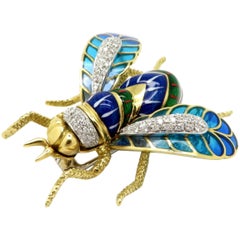 Vintage Estate 18 Karat Two-Tone Diamond Plique A’ Jour Enamel Bumblebee Brooch Pin