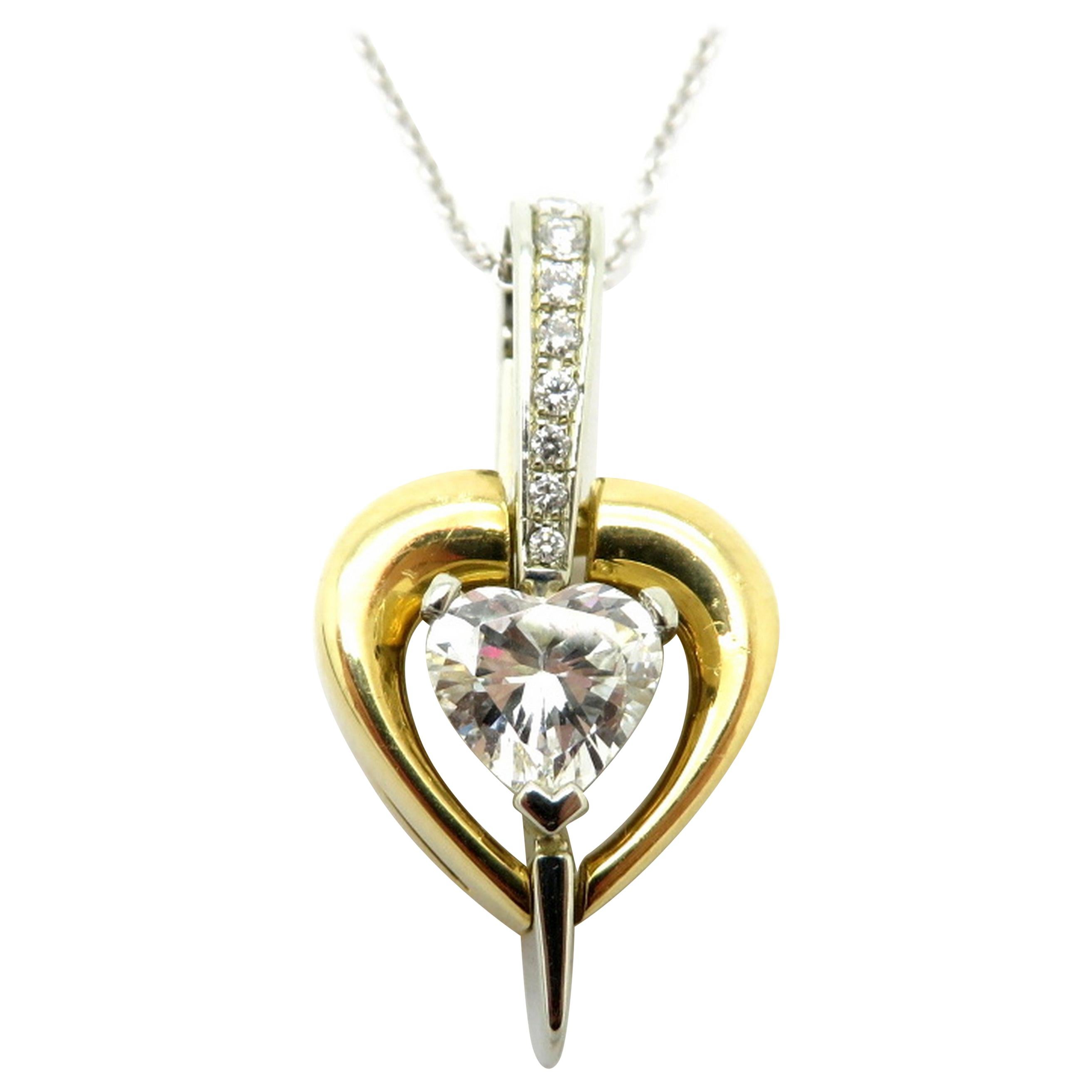 Estate 18 Karat Two-Tone Gold Diamond Fashion Heart Shaped Pendant Necklace For Sale