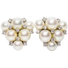 Estate 18 Karat White Gold Carvin French Pearl and Diamond Cluster Earrings
