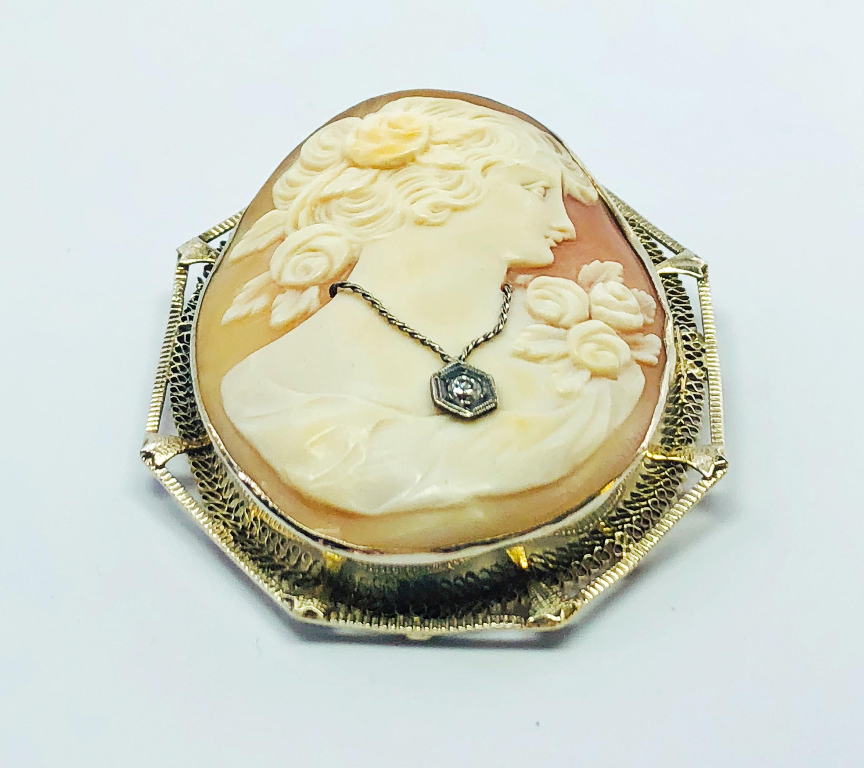 Victorian Estate 18 Karat White Gold Diamond and Shell Oval Cameo Brooch and Pendant