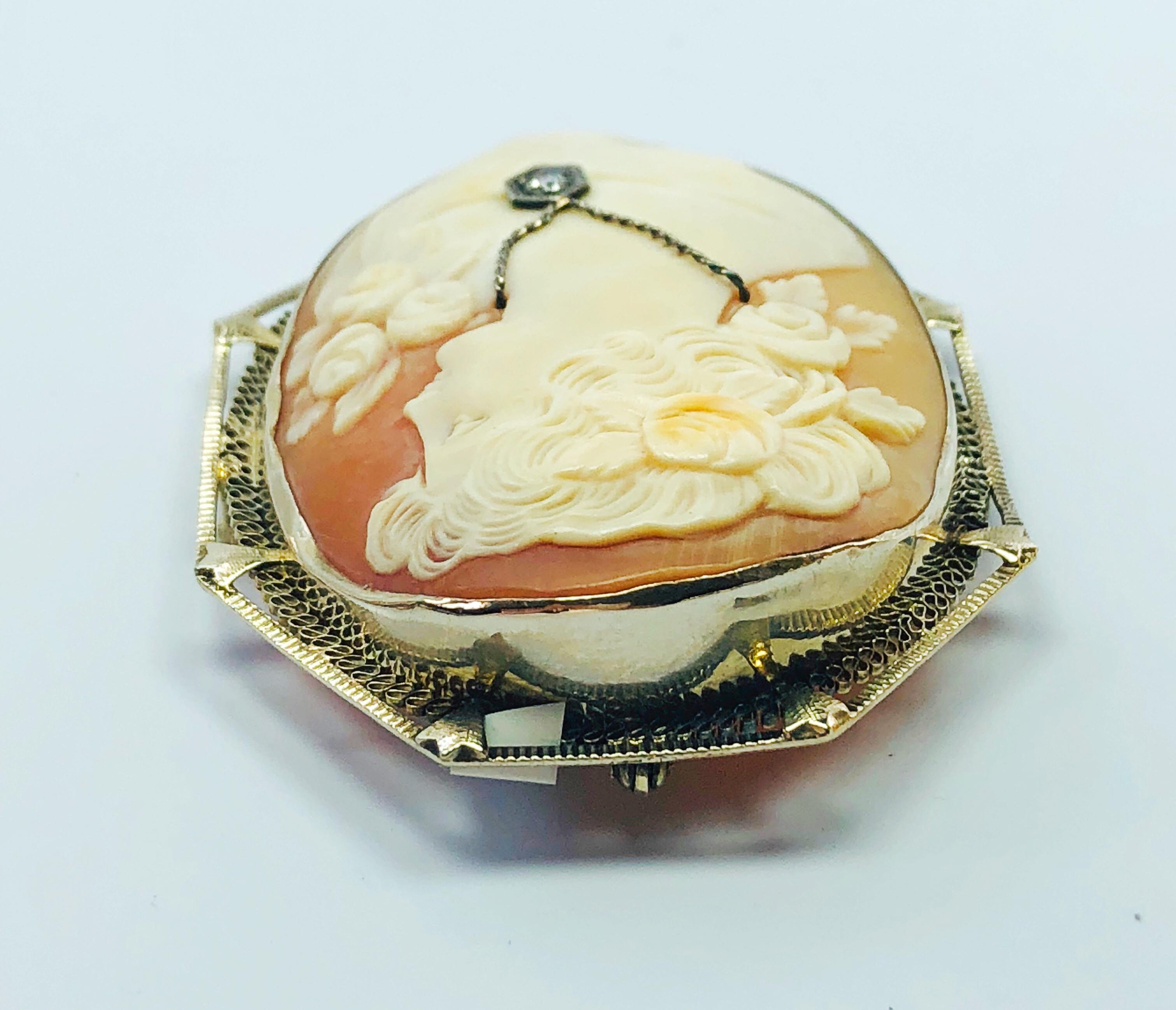 Estate 18 Karat White Gold Diamond and Shell Oval Cameo Brooch and Pendant In Excellent Condition In Birmingham, AL