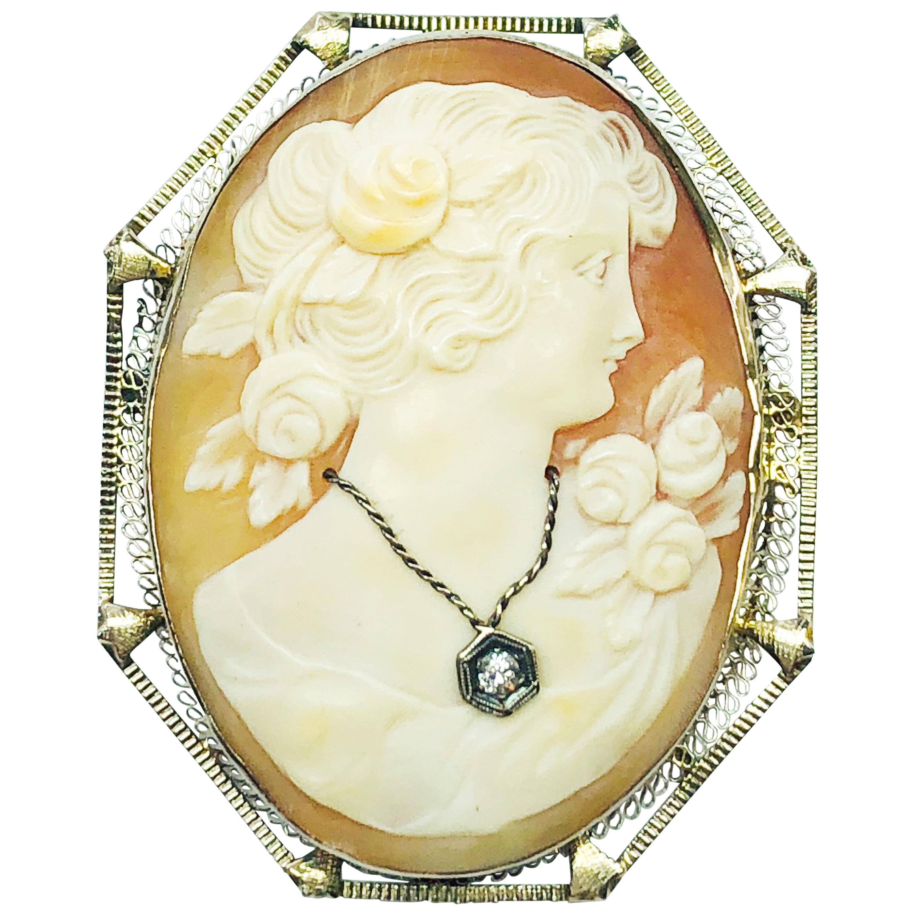 Estate 18 Karat White Gold Diamond and Shell Oval Cameo Brooch and Pendant