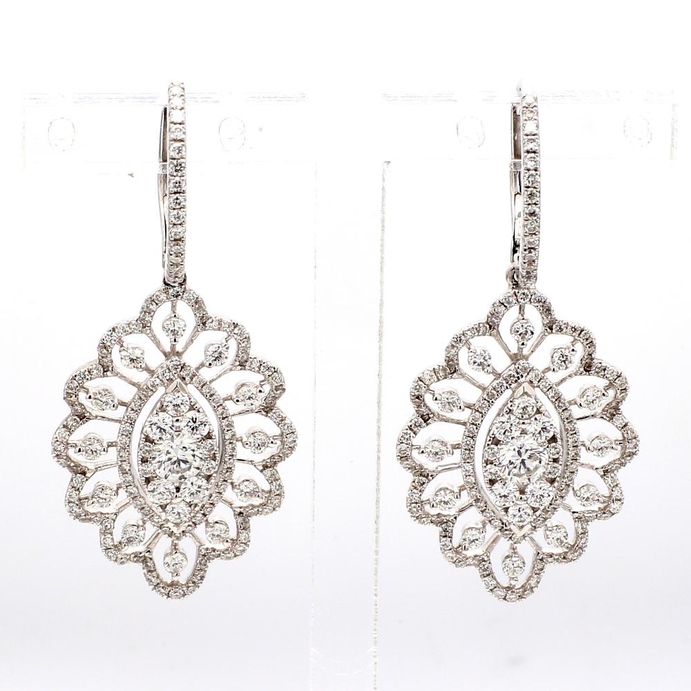 Estate 18K white gold diamond hoop dangle fashion earrings. Showcasing 268 round brilliant cut diamonds, bead and prong set, weighing a combined total of approximately 2.11 carats. Diamond grading: color grade: G. Clarity grade: VS1. The hoops
