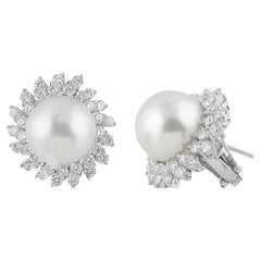 Estate 18 Karat White Gold Pearl Diamond Earrings