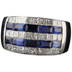 Estate 18 Karat White Gold Princess Cut Diamond and Sapphire Invisible Set Ring