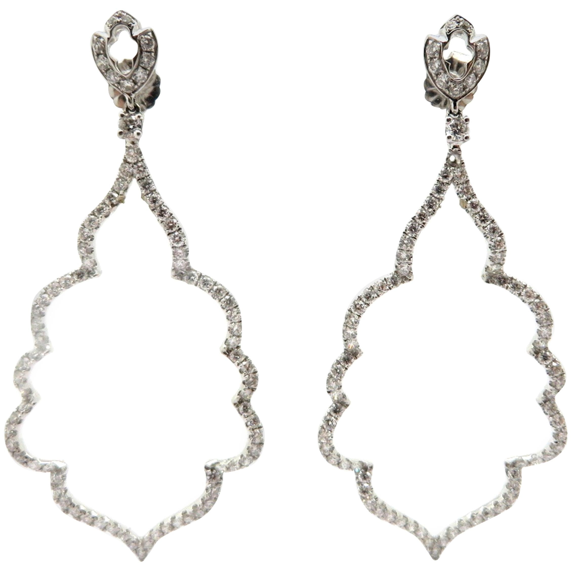 Estate 18 Karat White Gold Diamond Hoop Dangle Fashion Earrings For ...