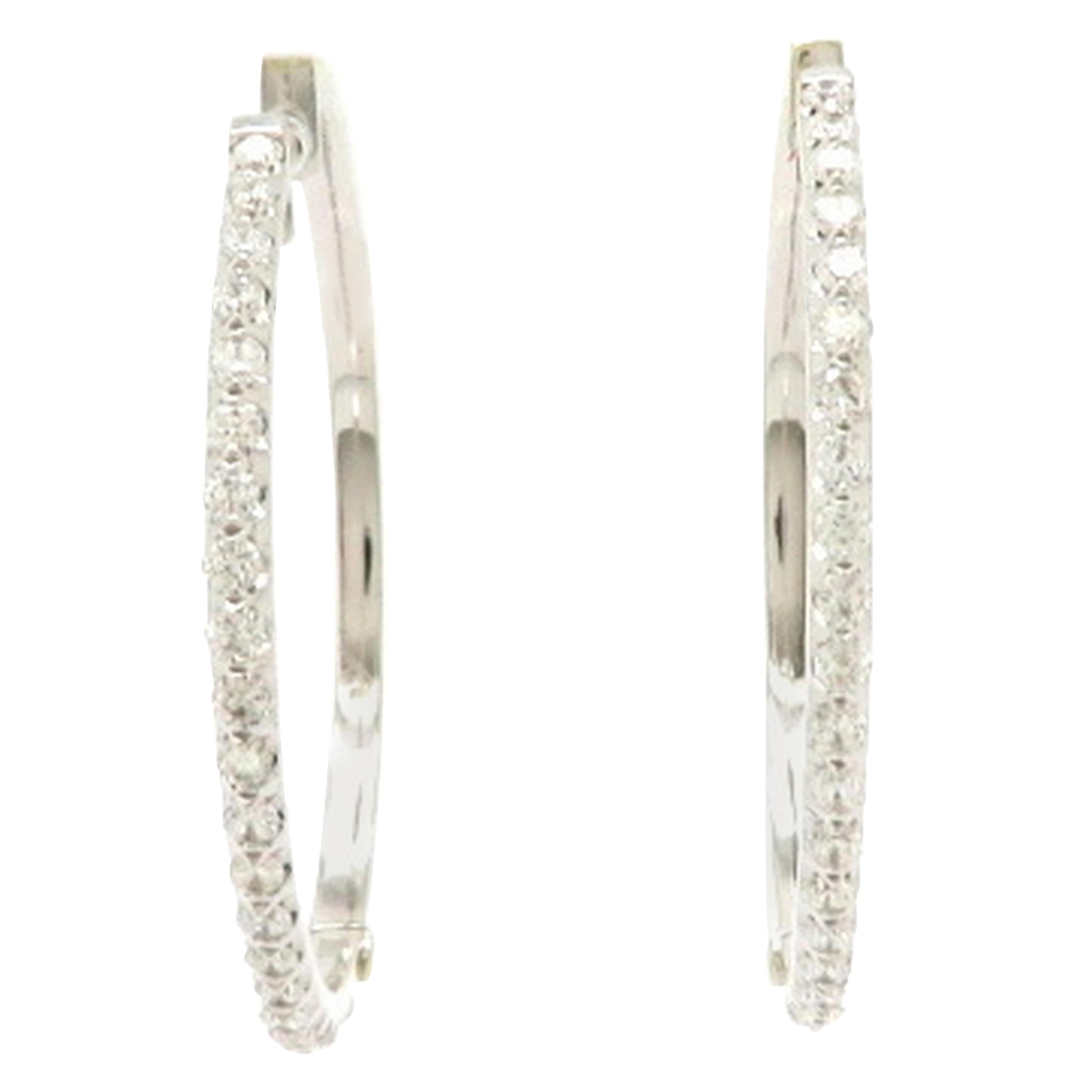 Estate 18 Karat White Gold Round Diamond Fashion Hoop Earrings For Sale