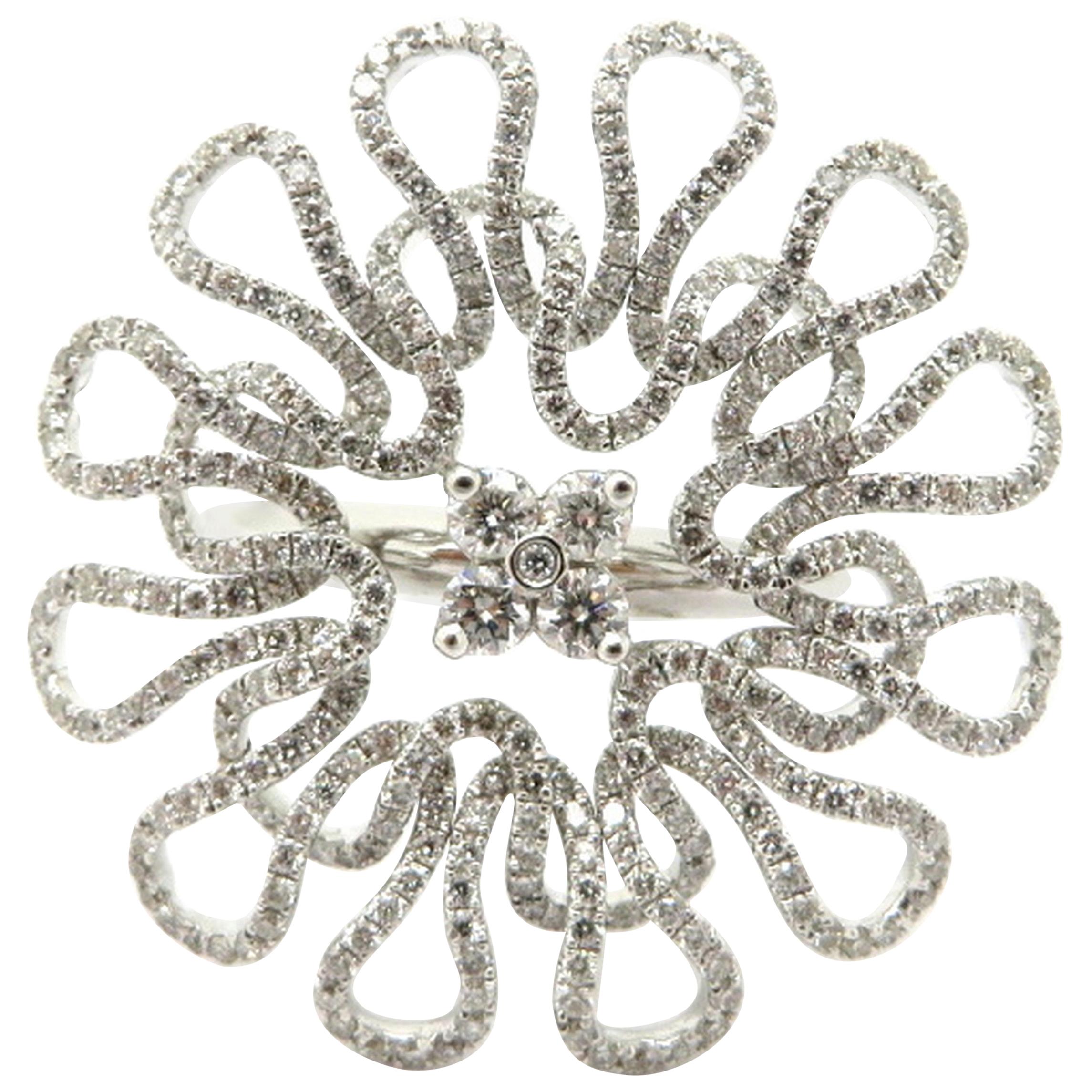 Estate 18 Karat White Gold Round Diamond Freeform Fashion Statement Ring For Sale