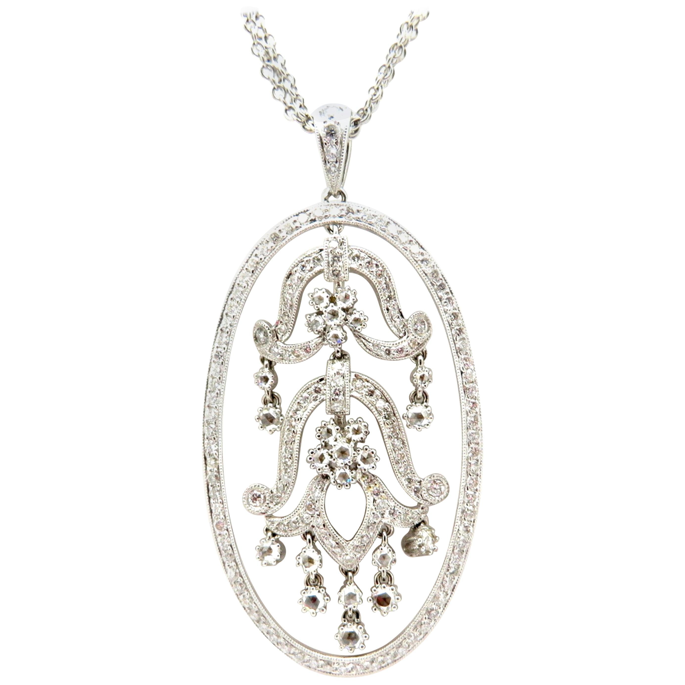 Estate 18 Karat White Gold Tulip Flower Round Diamond Fashion Necklace Pendant For Sale