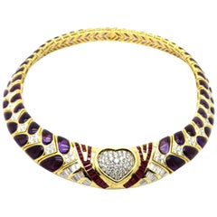 Estate 18 Karat Yellow Gold 200 Carat Amethyst, Ruby and Diamond Heart Necklace