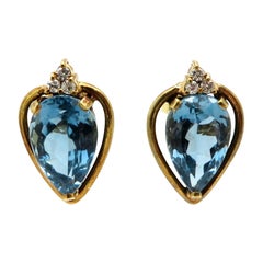 Boucles d'oreilles à la mode en or jaune 18 carats avec topaze bleue de 8,00 carats et diamants, ancienne propriété