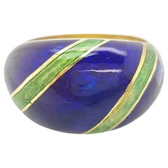 Estate 18 Karat Yellow Gold Blue and Green Enamel Domed Ring