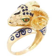 Vintage Estate 18 Karat Yellow Gold Blue and Green Enamel Ram Ring