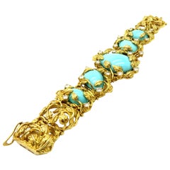 Estate 18 Karat Yellow Gold Turquoise and Diamond Bracelet