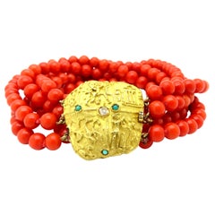 Estate 18 Karat Yellow Gold Egyptian Coral, Jade and Diamond Beaded Bracelet