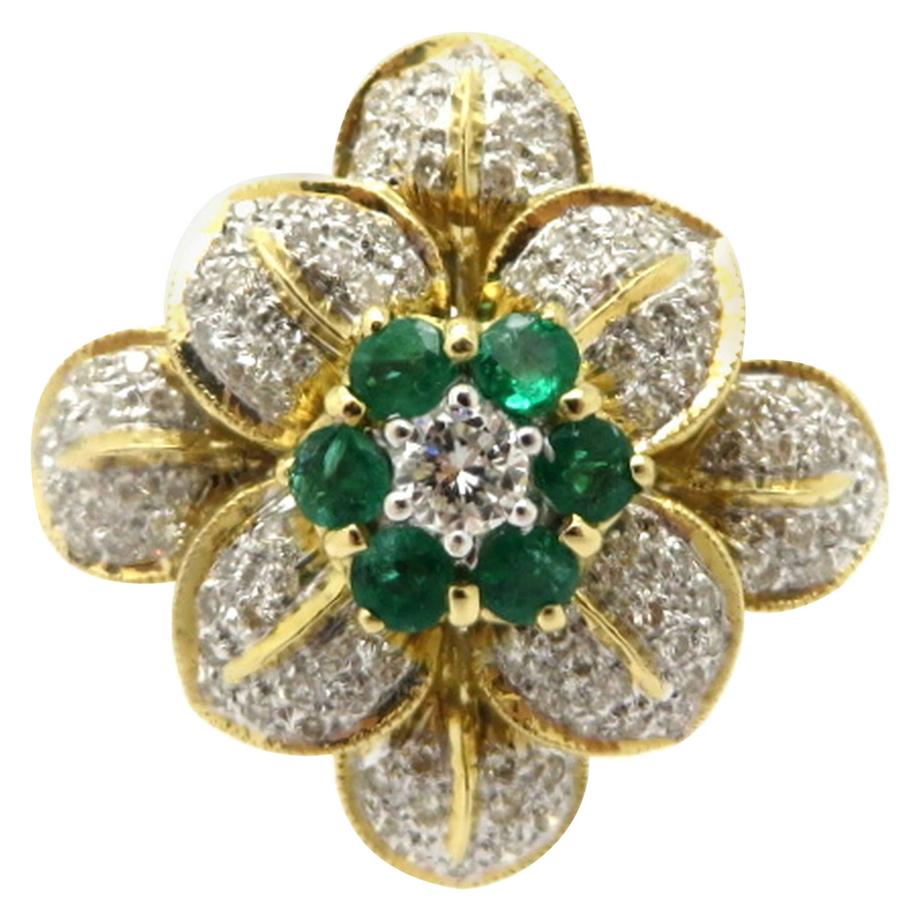 Estate 18 Karat Yellow Gold Flower Emerald and Diamond Fashion Ring