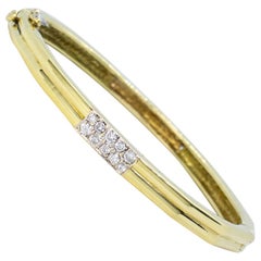 Estate 18 Karat Yellow Gold Round Diamond Pave Bangle Bamboo Bracelet