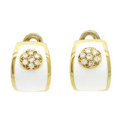 Estate 18 Karat Yellow Gold Round Pave Diamond Flower White Enamel Hoop Earrings