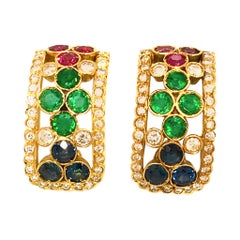 Estate 18 Karat Yellow Gold Ruby, Sapphire and Emerald and Diamond Earrings