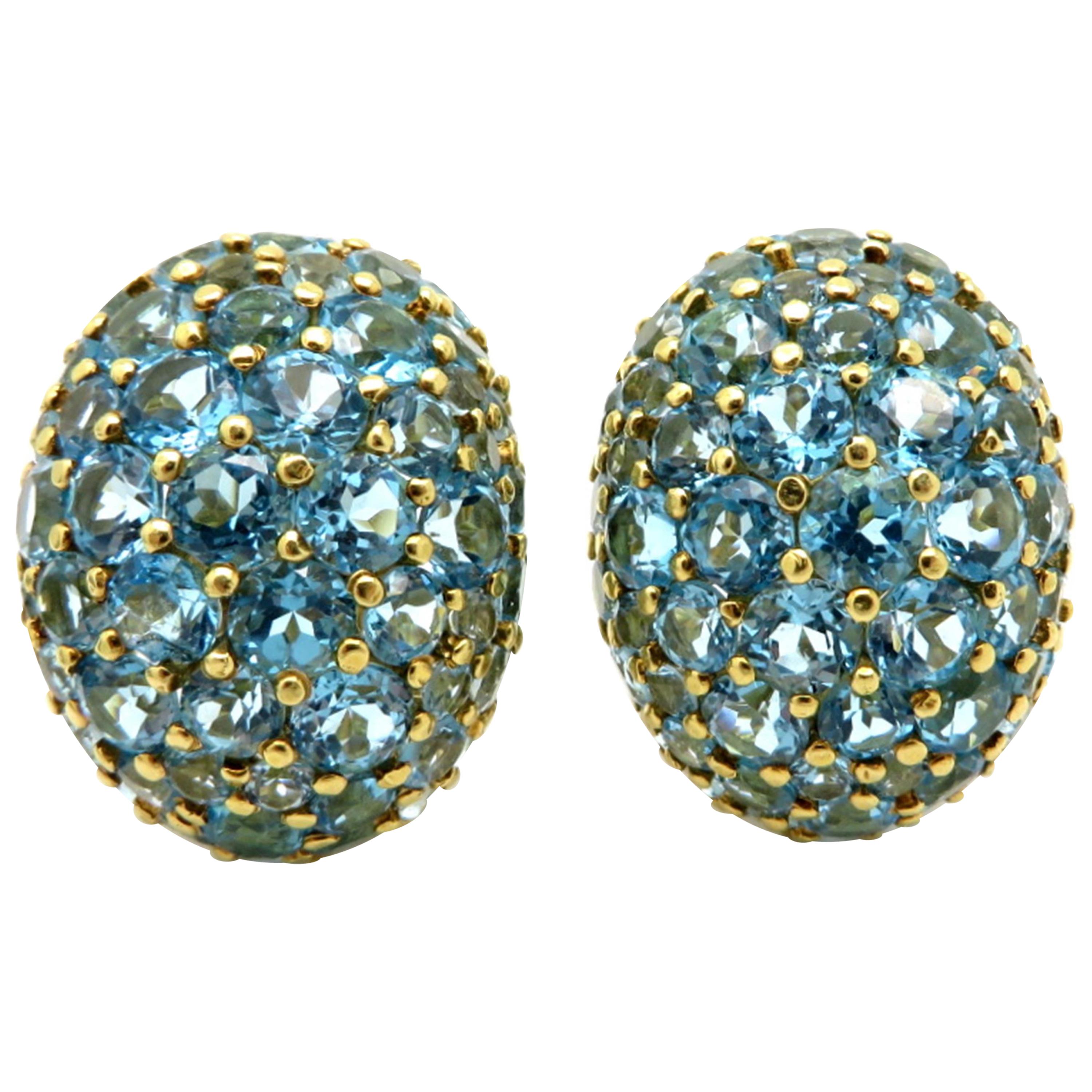 Estate 18 Karat Yellow Gold Sky Blue Topaz Oval Cluster 18 Karat Gold Earrings