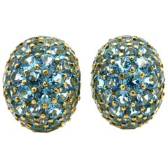Estate 18 Karat Yellow Gold Sky Blue Topaz Oval Cluster 18 Karat Gold Earrings