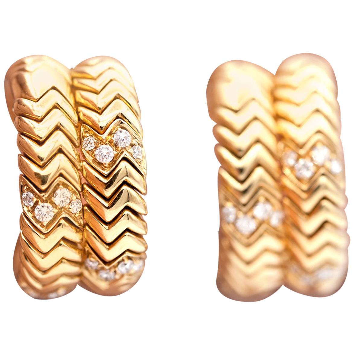 Bulgari 18 Karat Yellow Gold Spiga Diamond Hoop Earrings For Sale