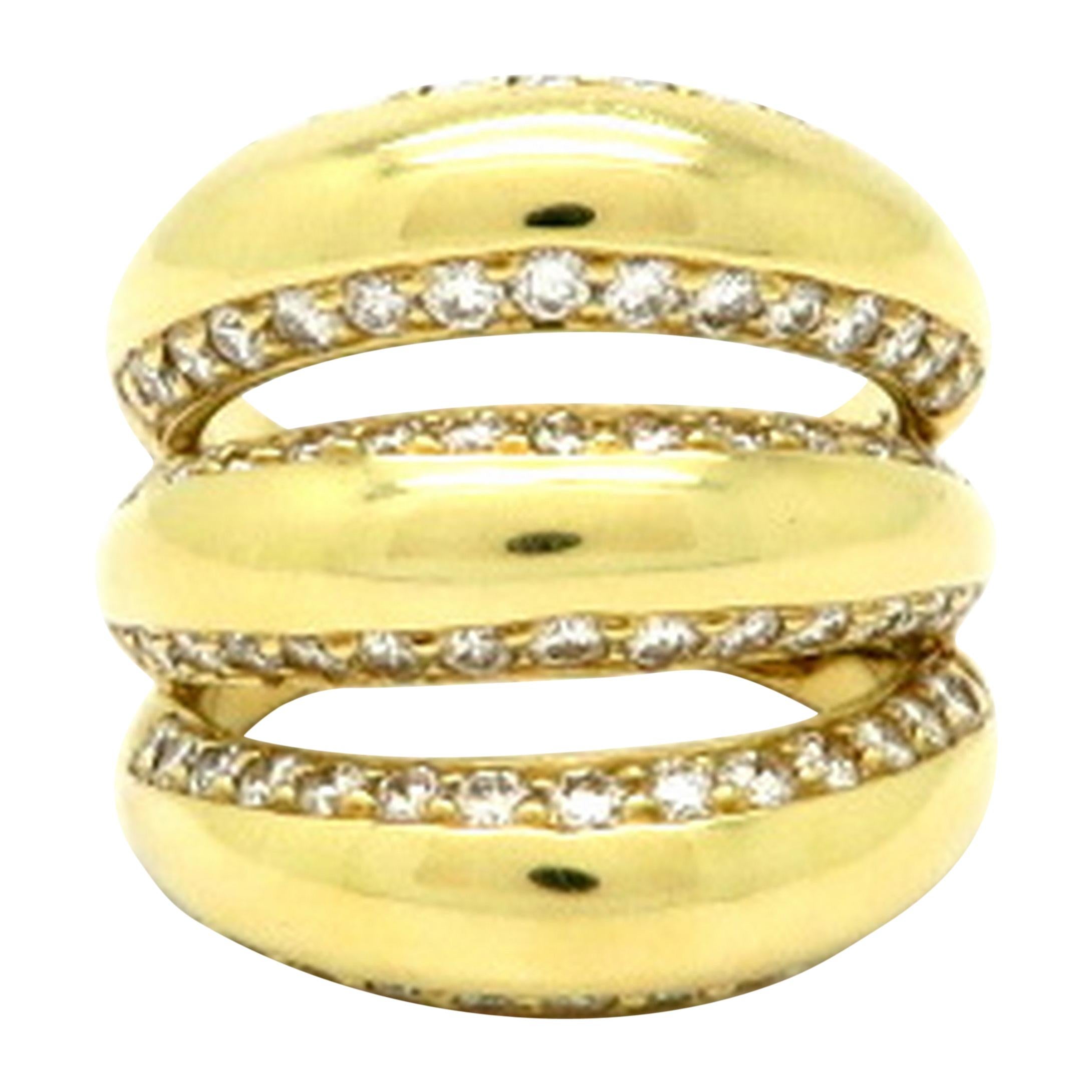 Estate 18 Karat Yellow Gold Three-Row Pave Dome Diamond Band Ring