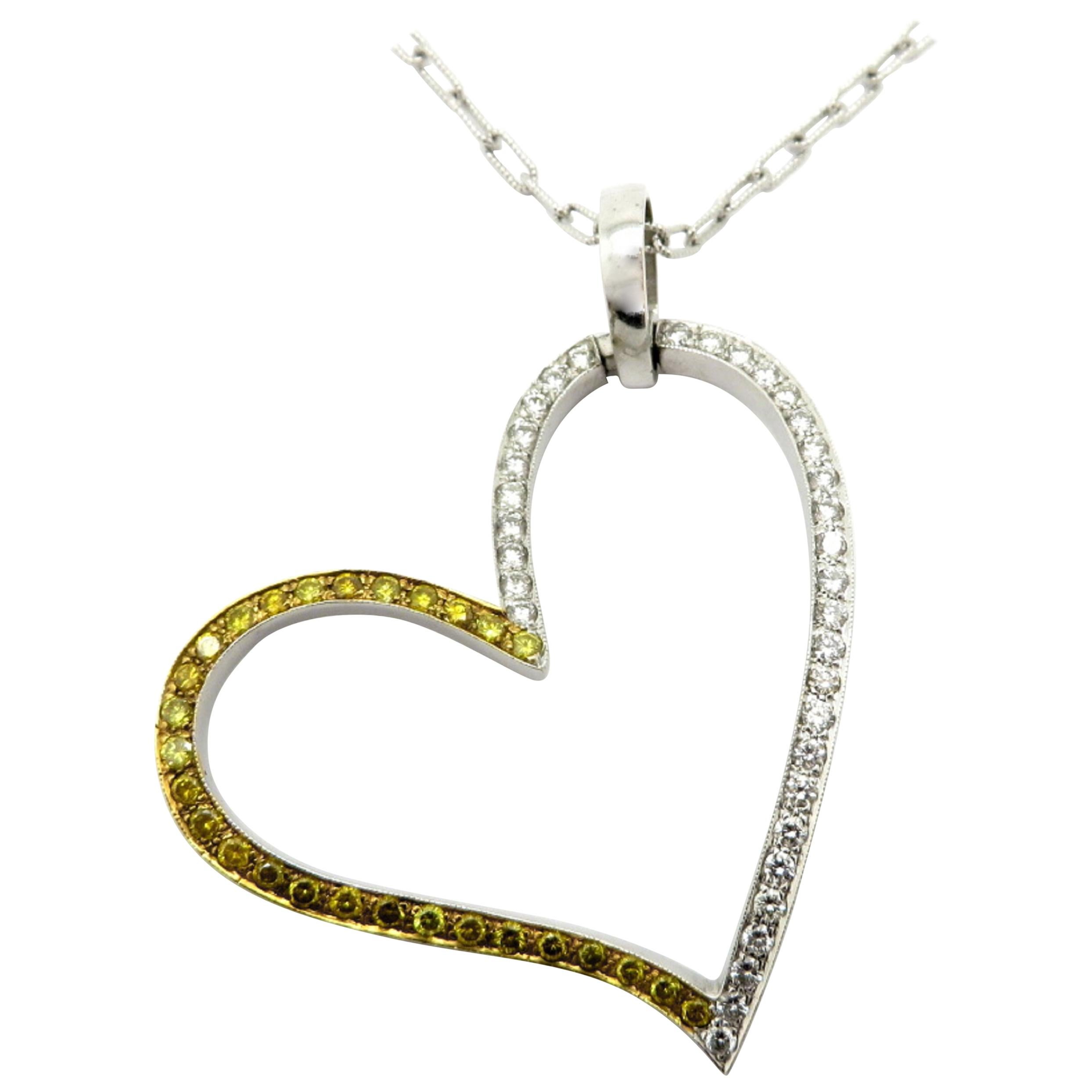 Estate 18 Karat Yellow Gold White & Yellow Diamond Large Heart Pendant Necklace For Sale