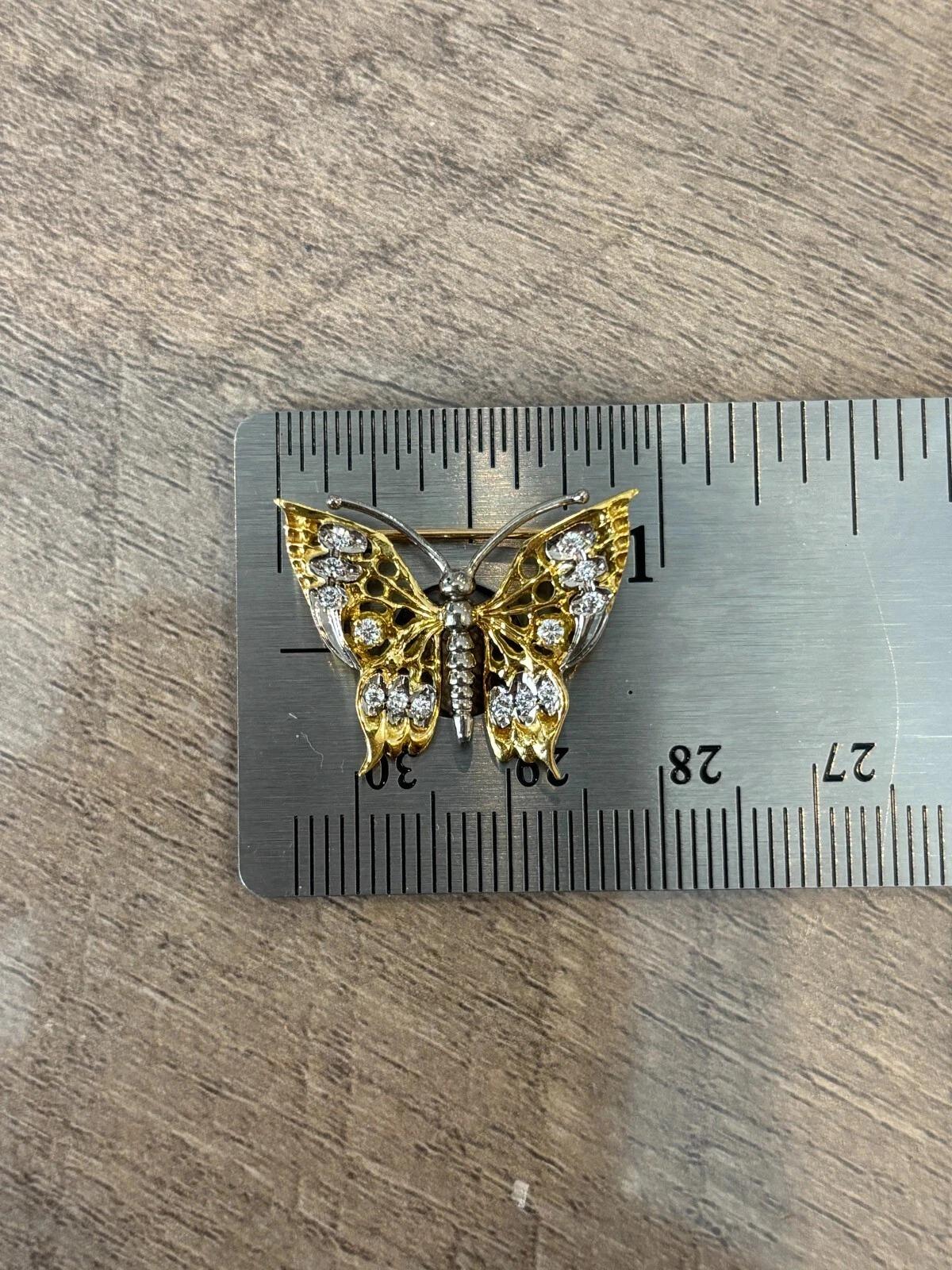 Estate 18K & 14K Yellow Gold Natural 20CTW Diamond Handmade Butterfly Brooch en venta 1