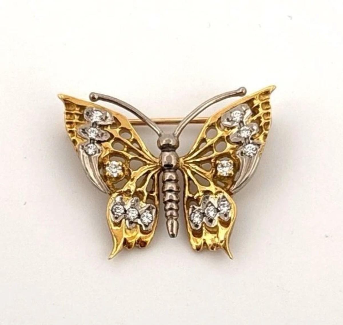 Estate 18K & 14K Yellow Gold Natural 20CTW Diamond Handmade Butterfly Brooch