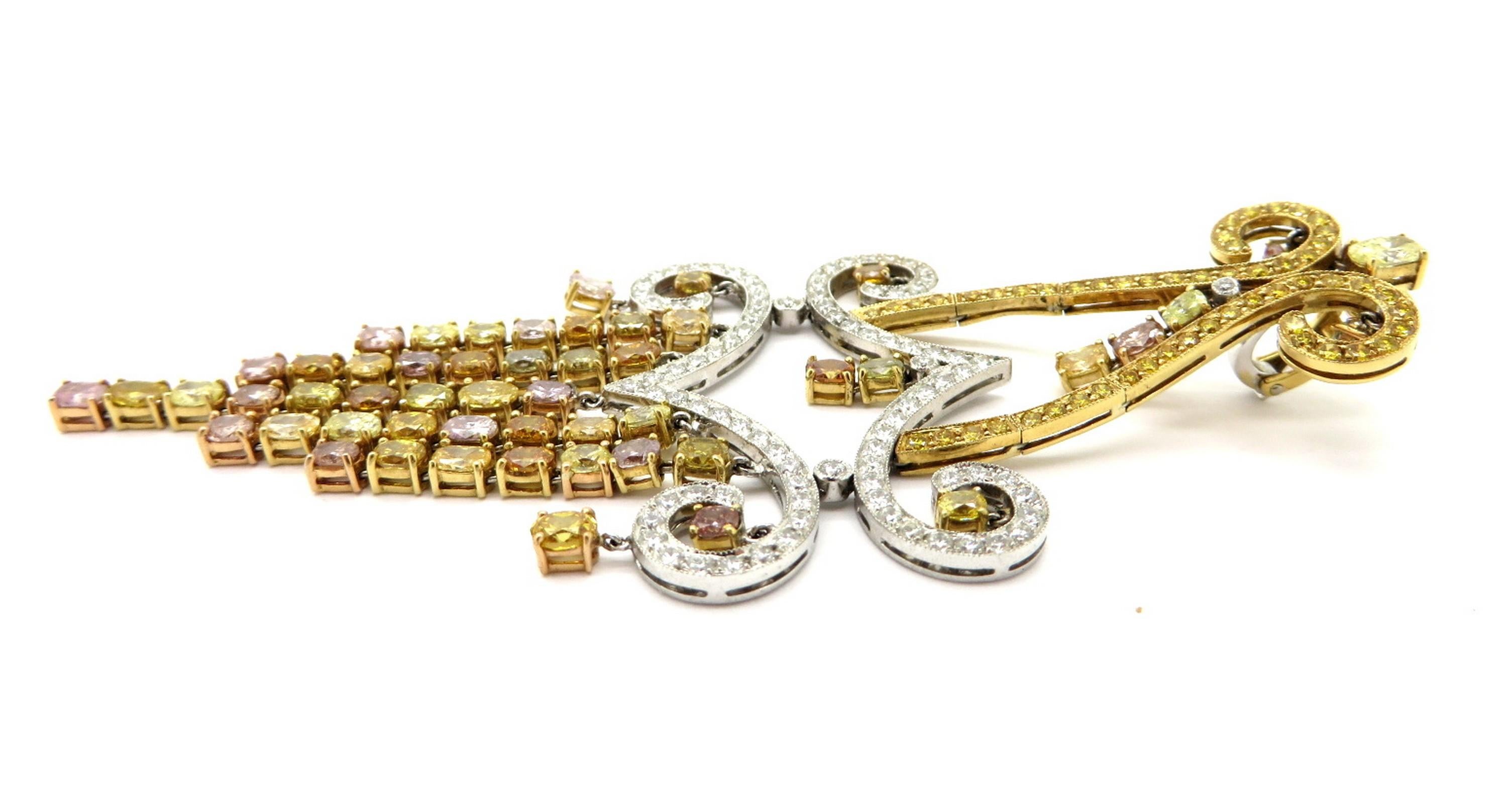 Oval Cut Estate 18K 16.62 Ctw Fancy Color Multi Shape Diamond Chandelier Dangle Earrings For Sale