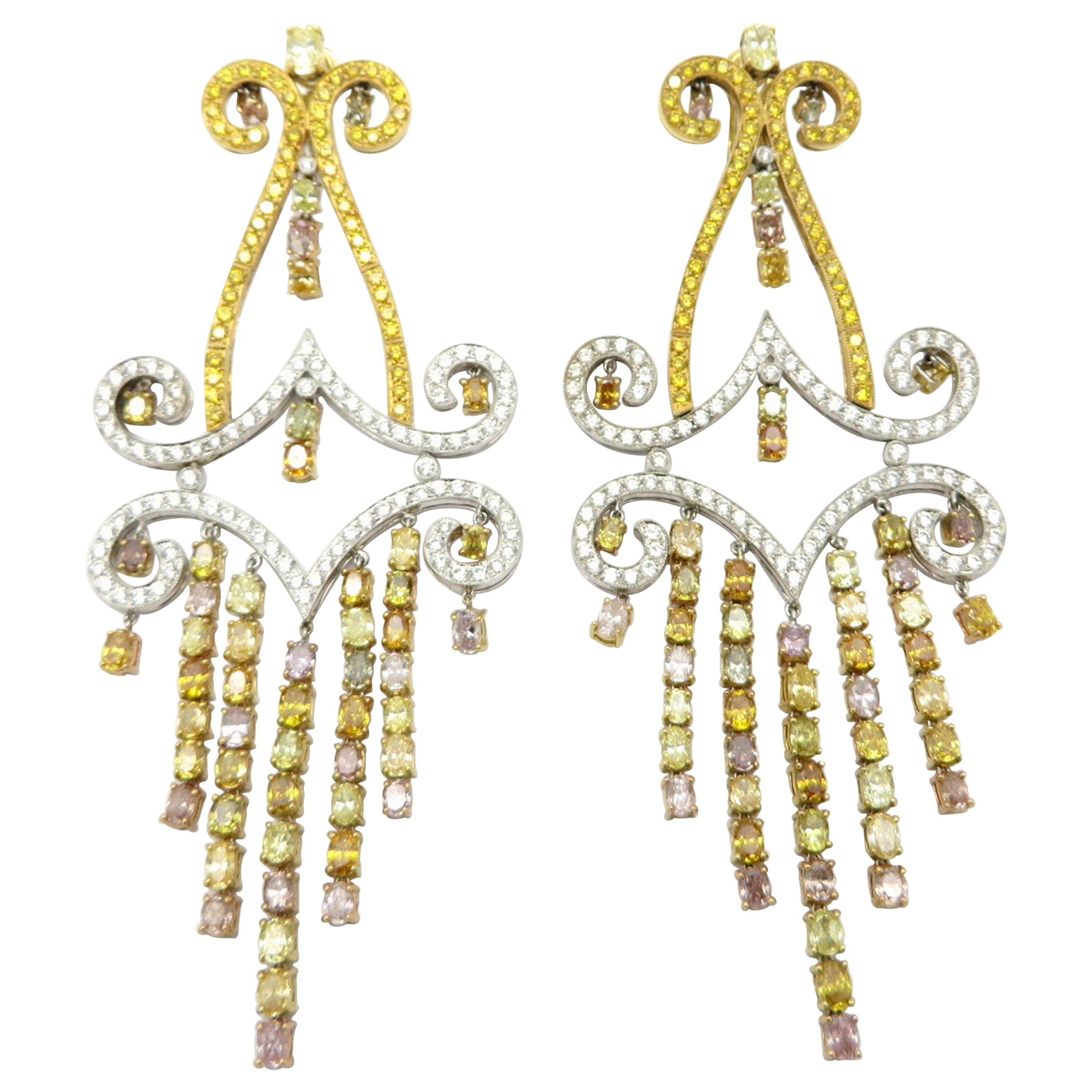 Estate 18K 16.62 Ctw Fancy Color Multi Shape Diamond Chandelier Dangle Earrings For Sale