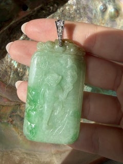 Estate 18K and Silver Carved Burma No Dye Jade and Diamond Pendant w/GIA