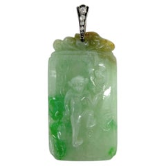 Estate 18K and Silver Carved Burma No Dye Jade and Diamond Pendant w/GIA