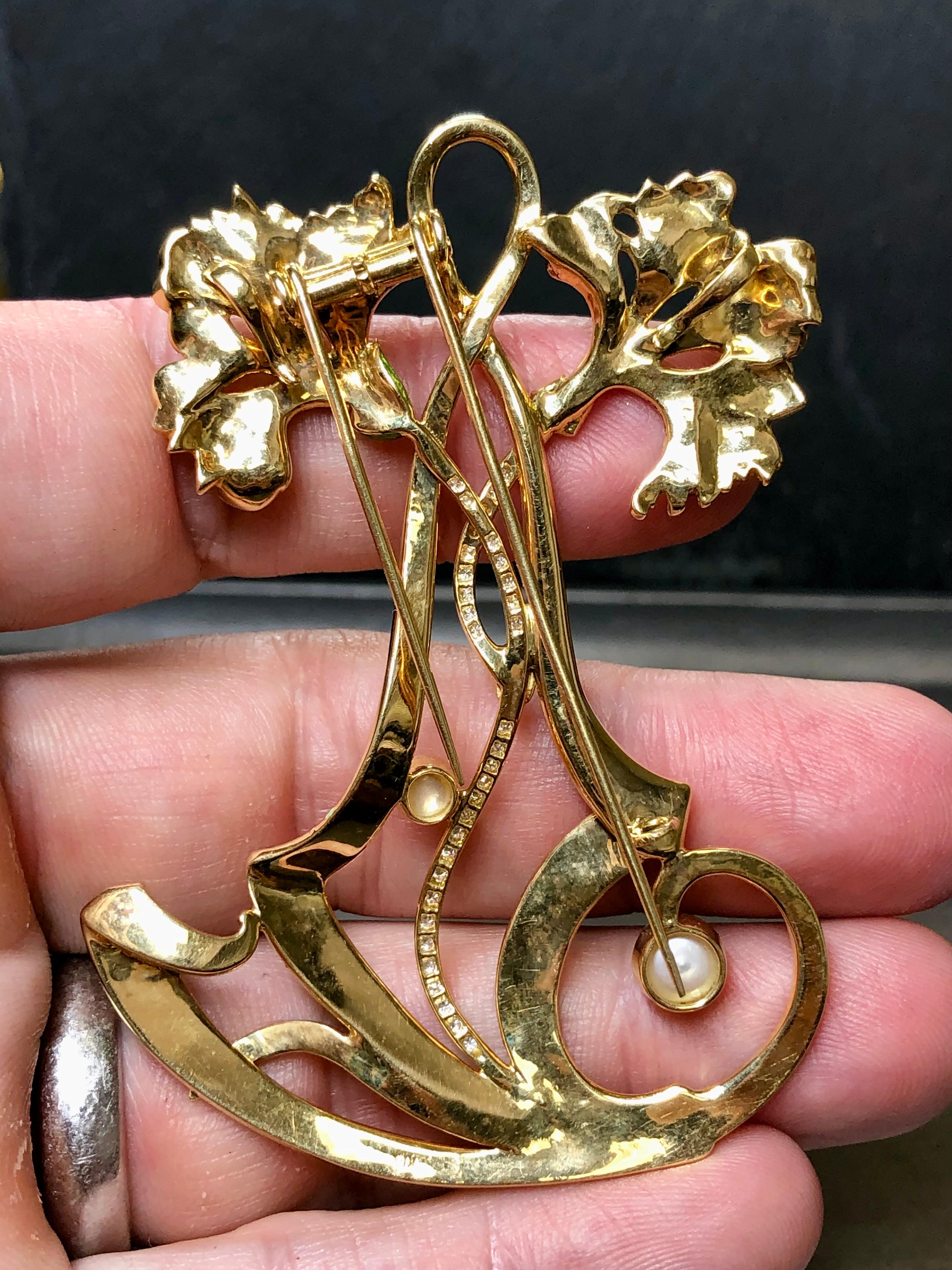 Estate 18K Art Nouveau Diamond Pearl Green Enamel Large Flower Brooch Pendant For Sale 5