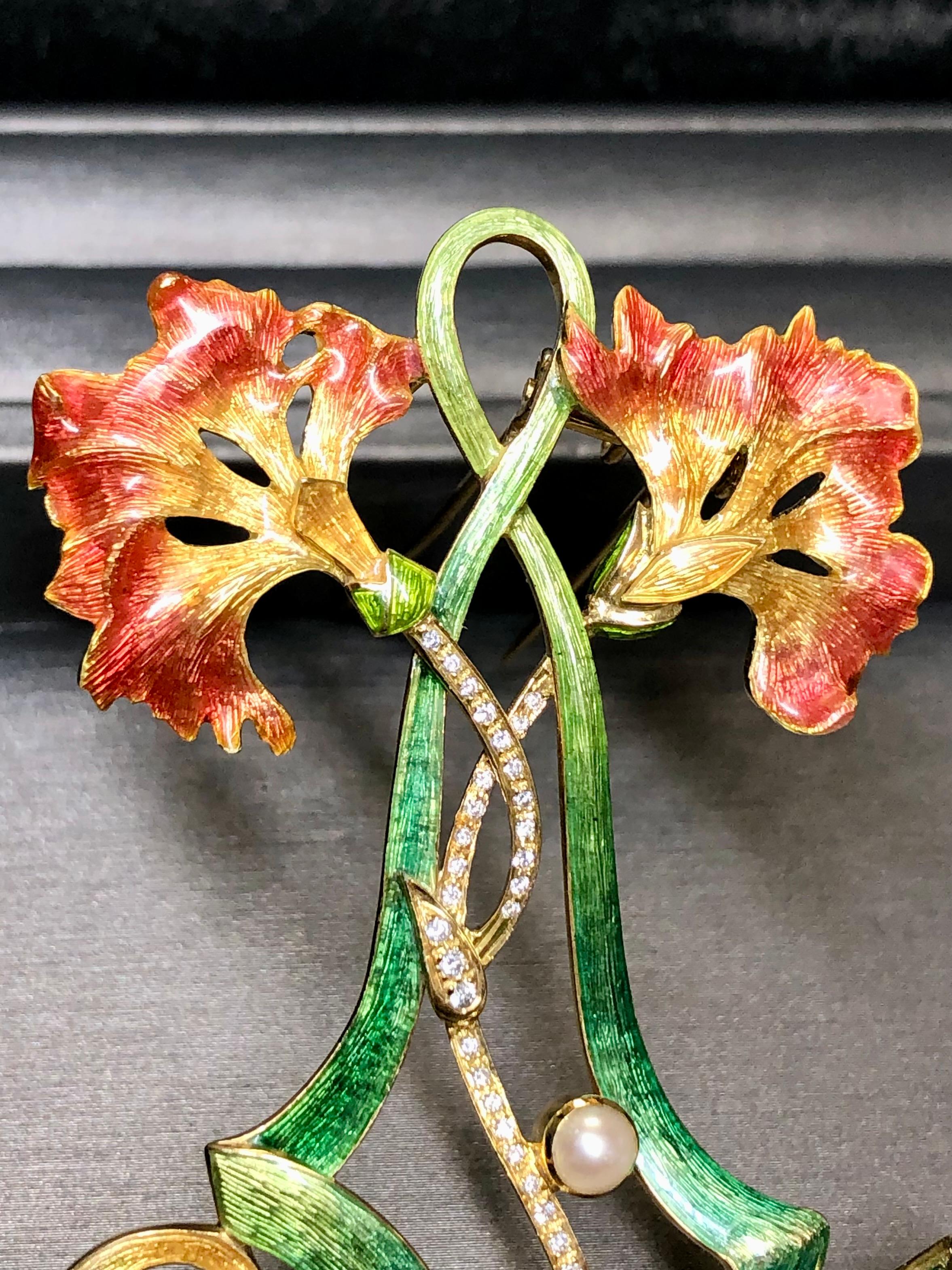 Estate 18K Art Nouveau Diamond Pearl Green Enamel Large Flower Brooch Pendant In Good Condition For Sale In Winter Springs, FL