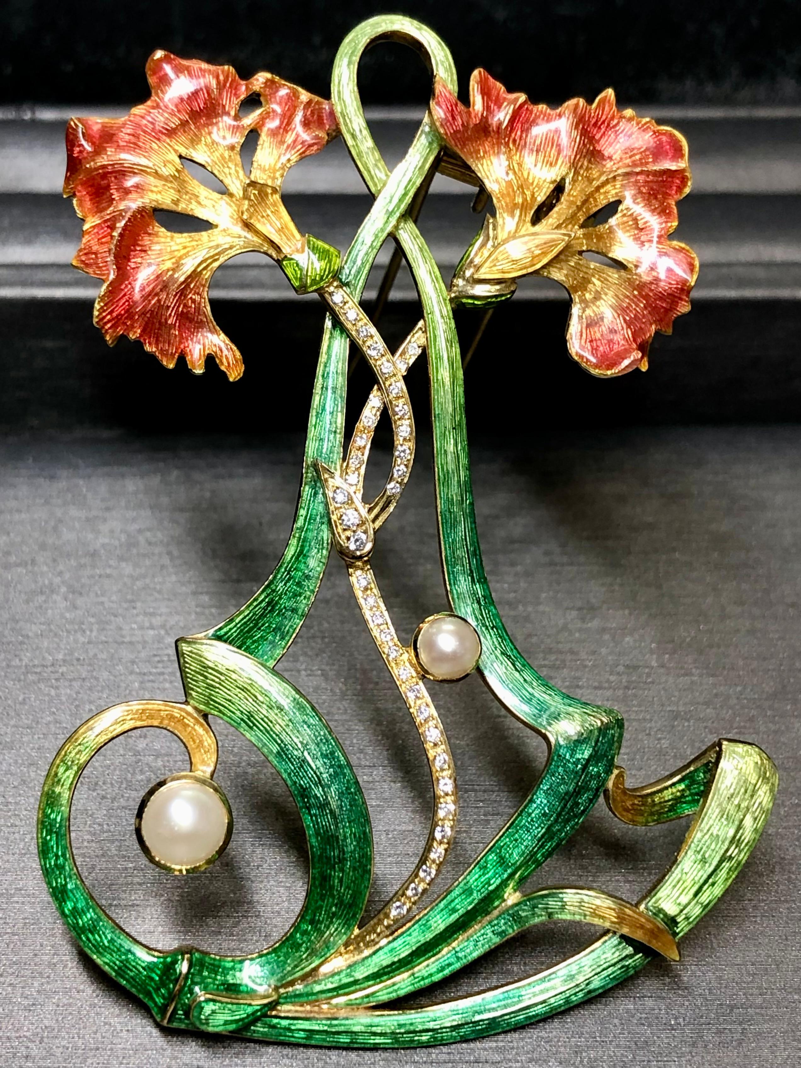 Women's or Men's Estate 18K Art Nouveau Diamond Pearl Green Enamel Large Flower Brooch Pendant For Sale