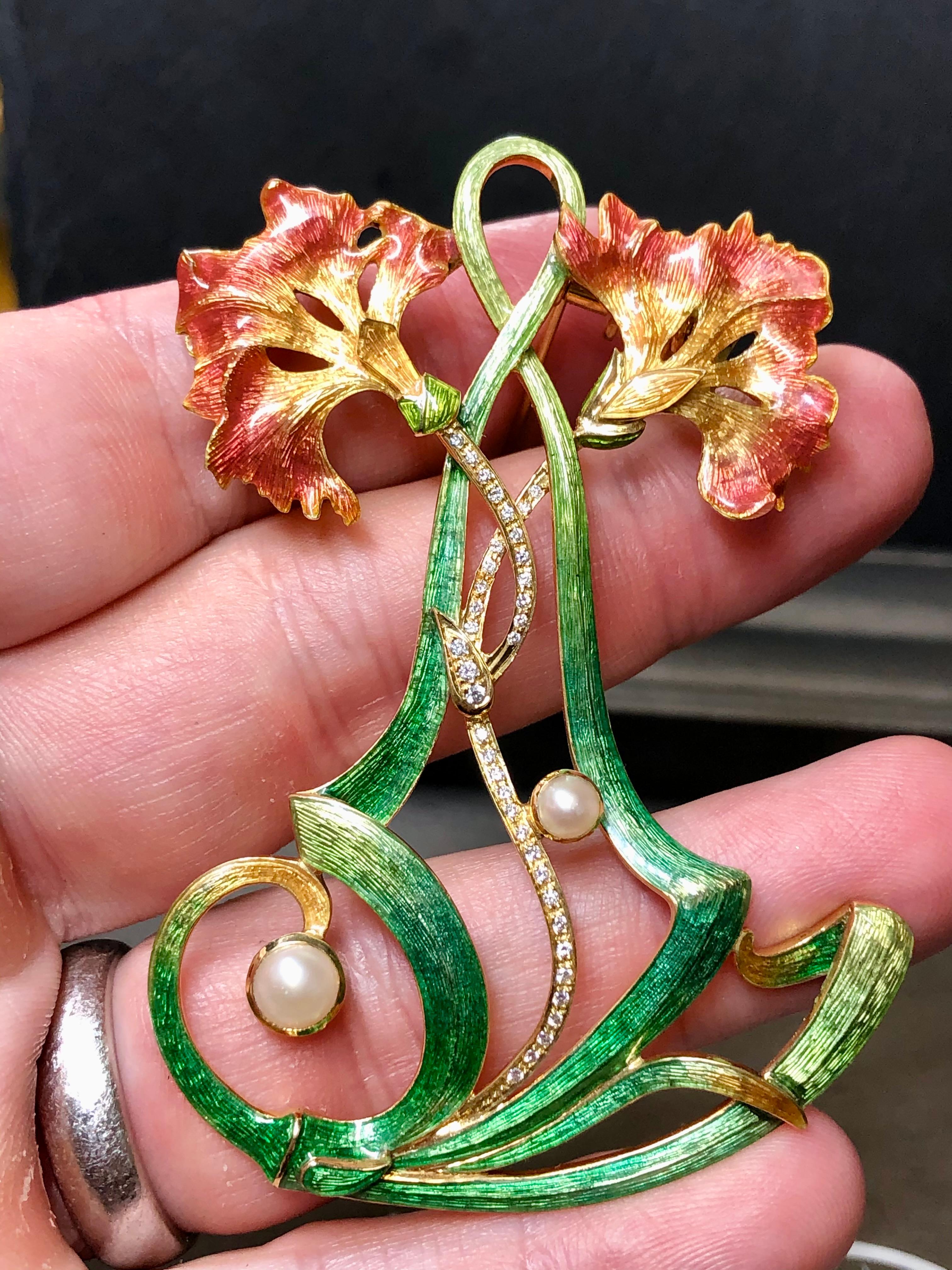 Estate 18K Art Nouveau Diamond Pearl Green Enamel Large Flower Brooch Pendant For Sale 1