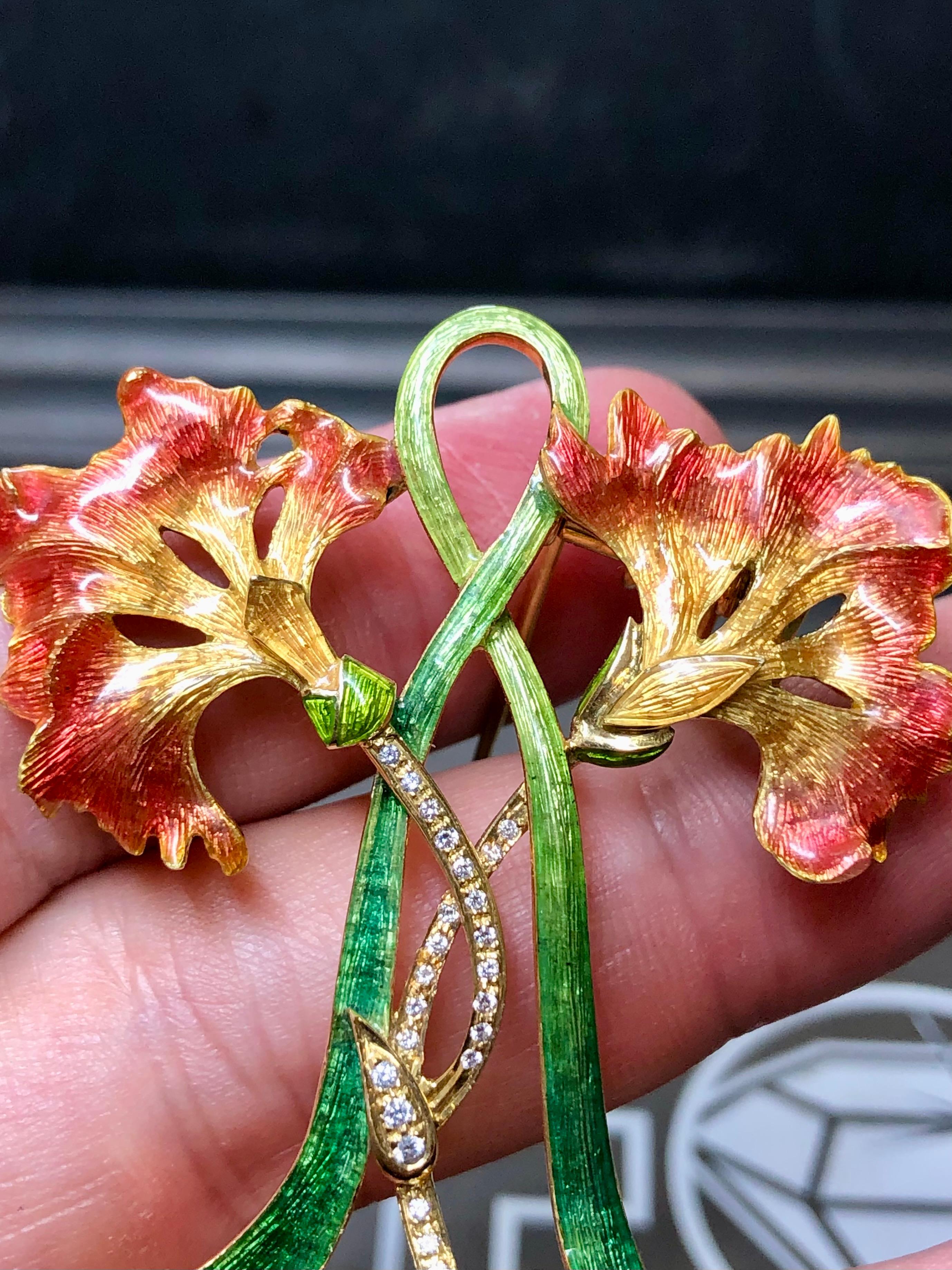 Estate 18K Art Nouveau Diamond Pearl Green Enamel Large Flower Brooch Pendant For Sale 2