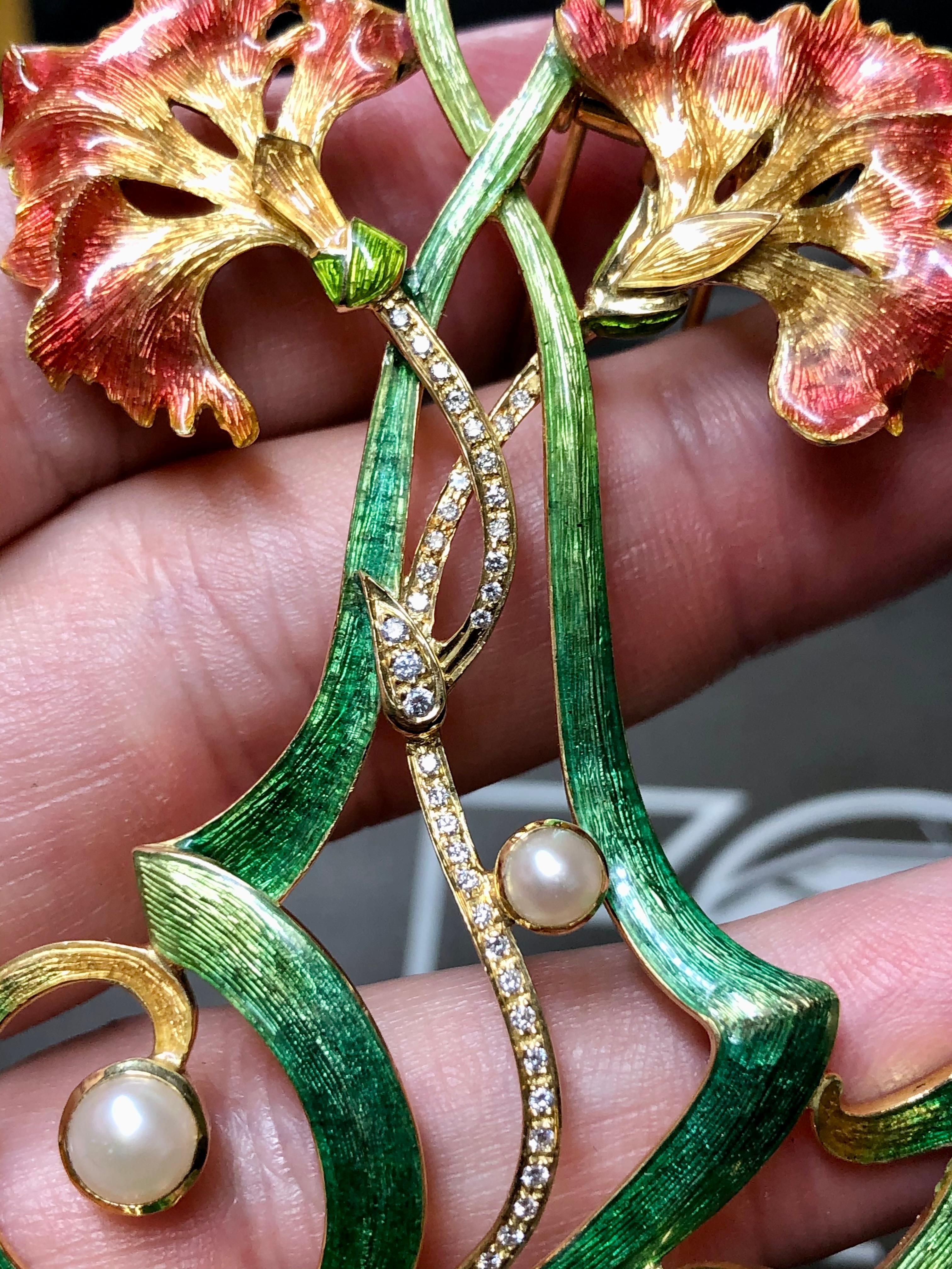 Estate 18K Art Nouveau Diamond Pearl Green Enamel Large Flower Brooch Pendant For Sale 3