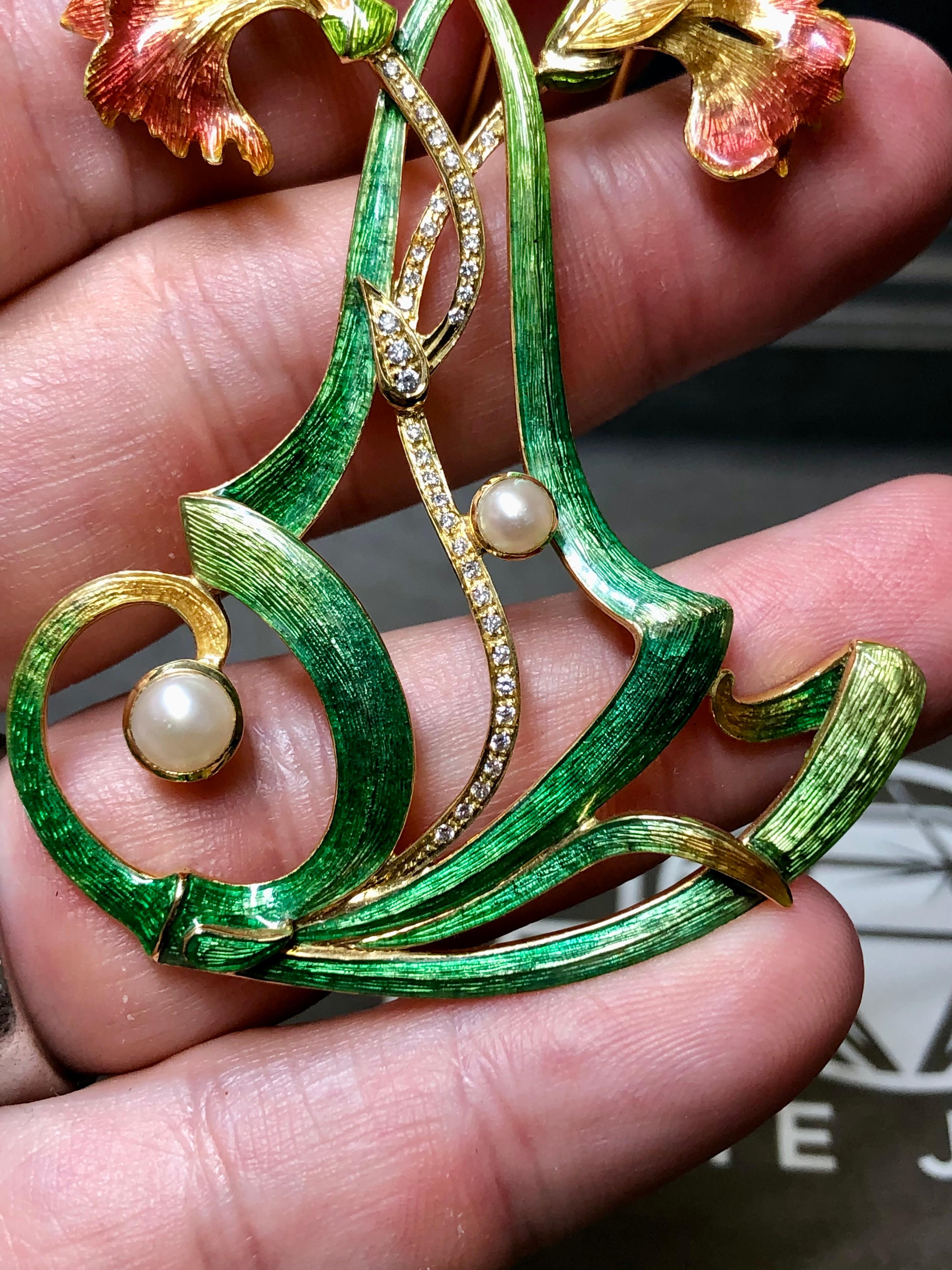 Estate 18K Art Nouveau Diamond Pearl Green Enamel Large Flower Brooch Pendant For Sale 4