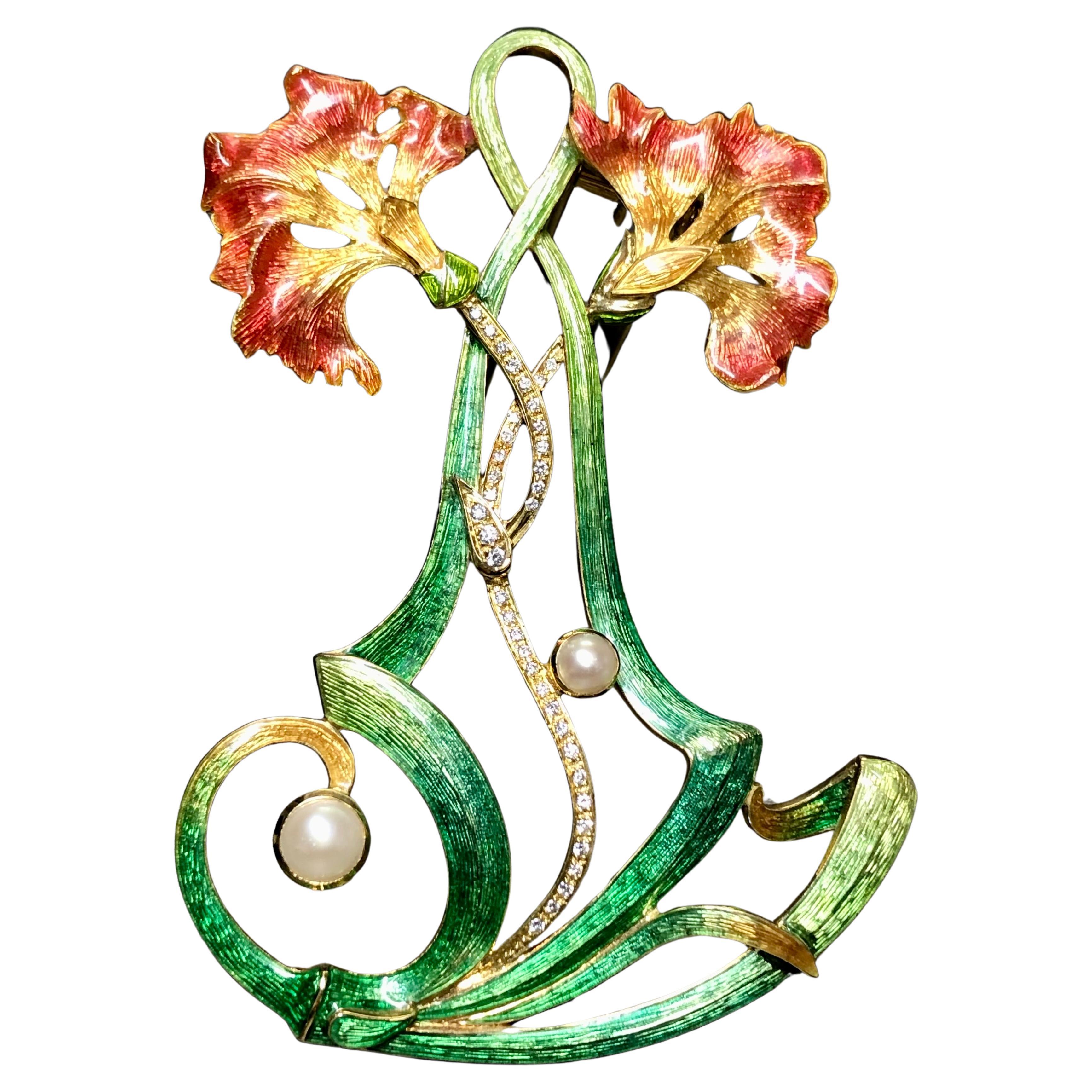 Estate 18K Art Nouveau Diamond Pearl Green Enamel Large Flower Brooch Pendant