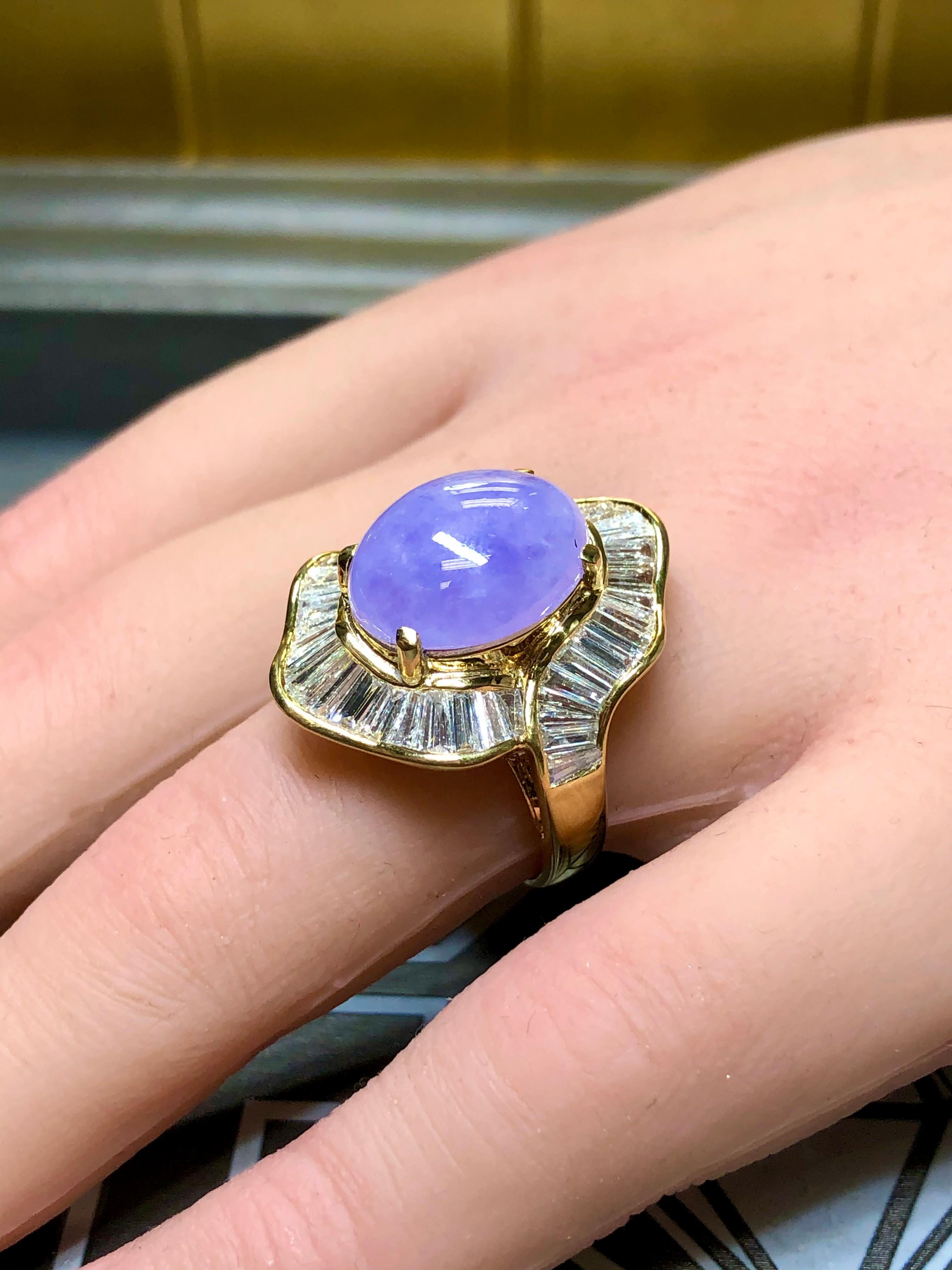 Estate 18K Baguette Diamond Lavendar Jade Cabochon Cocktail Ring Sz 7 For Sale 5
