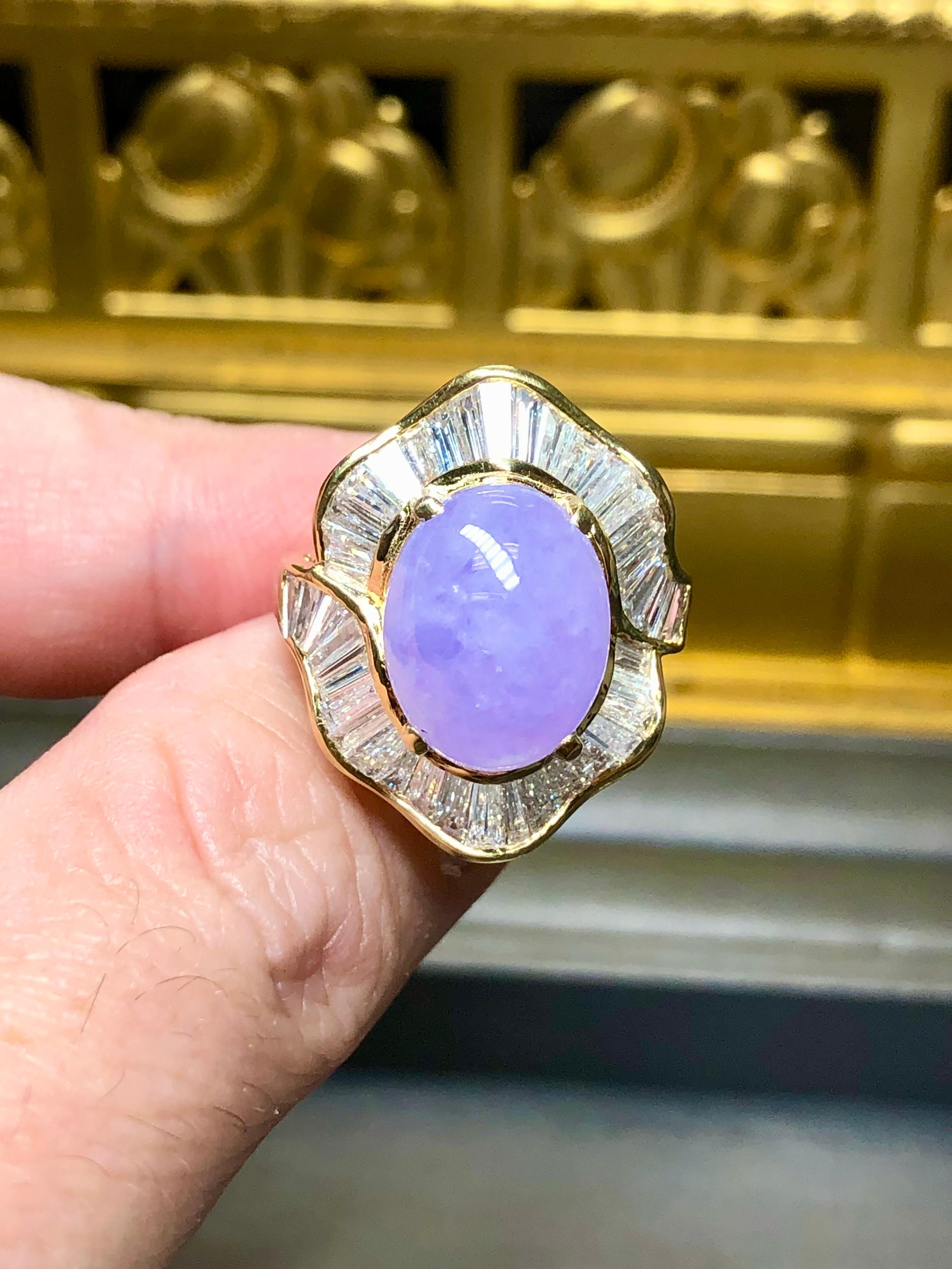 Baguette Cut Estate 18K Baguette Diamond Lavendar Jade Cabochon Cocktail Ring Sz 7 For Sale
