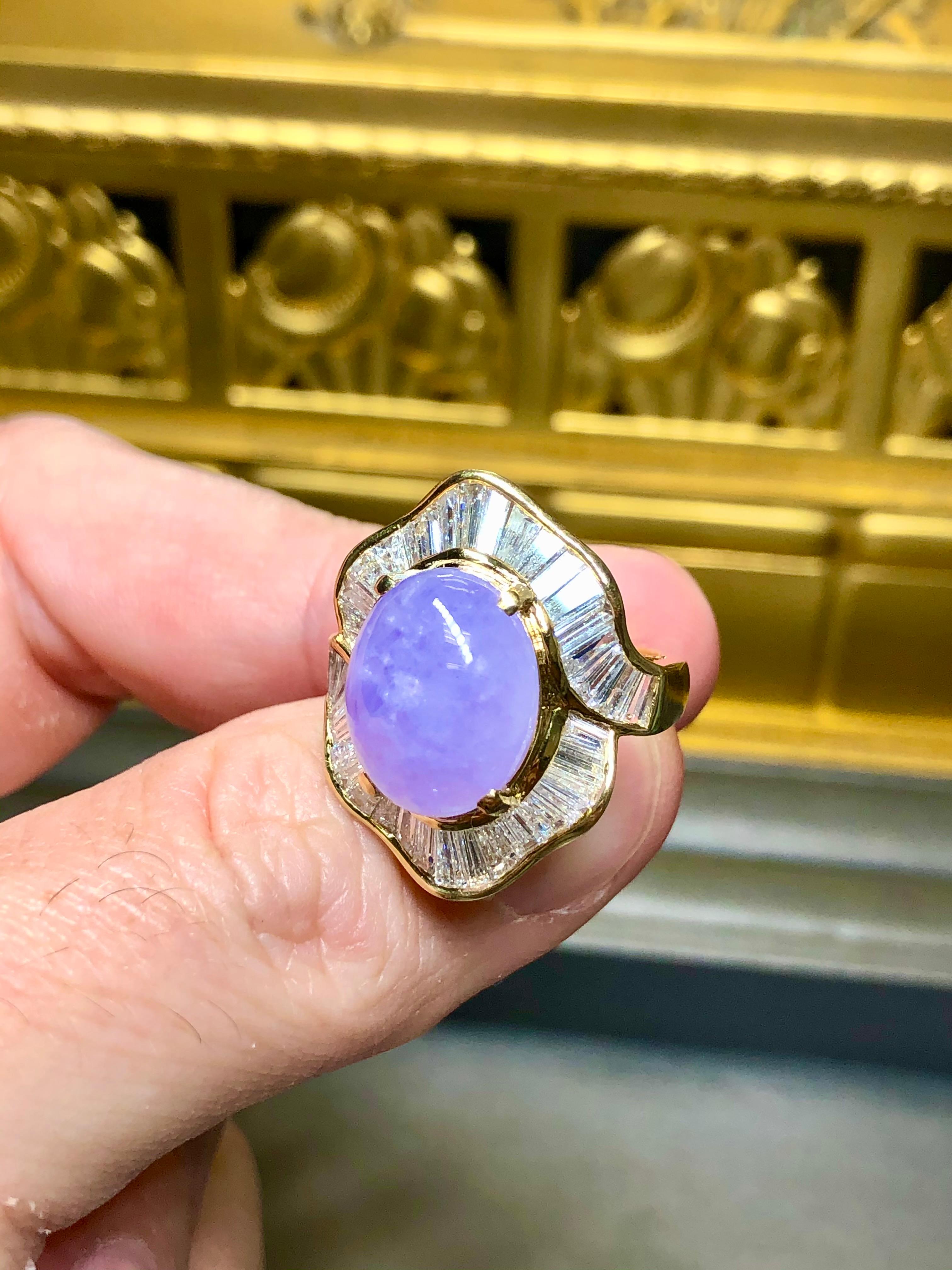 Estate 18K Baguette Diamond Lavendar Jade Cabochon Cocktail Ring Sz 7 For Sale 1