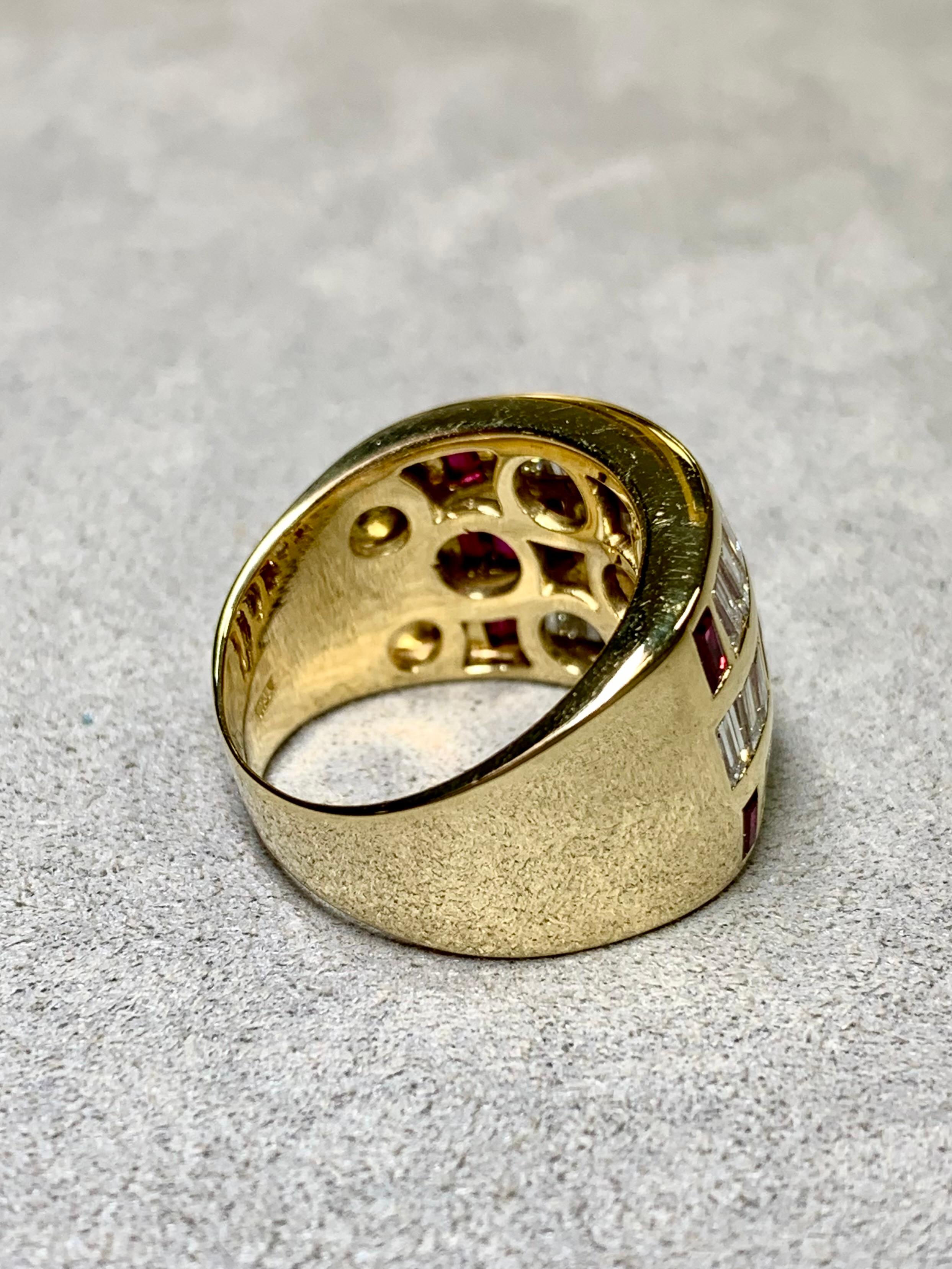 Contemporary Estate 18K Baguette Diamond Ruby Wide Band Channel Set Italian Cocktail Ring For Sale