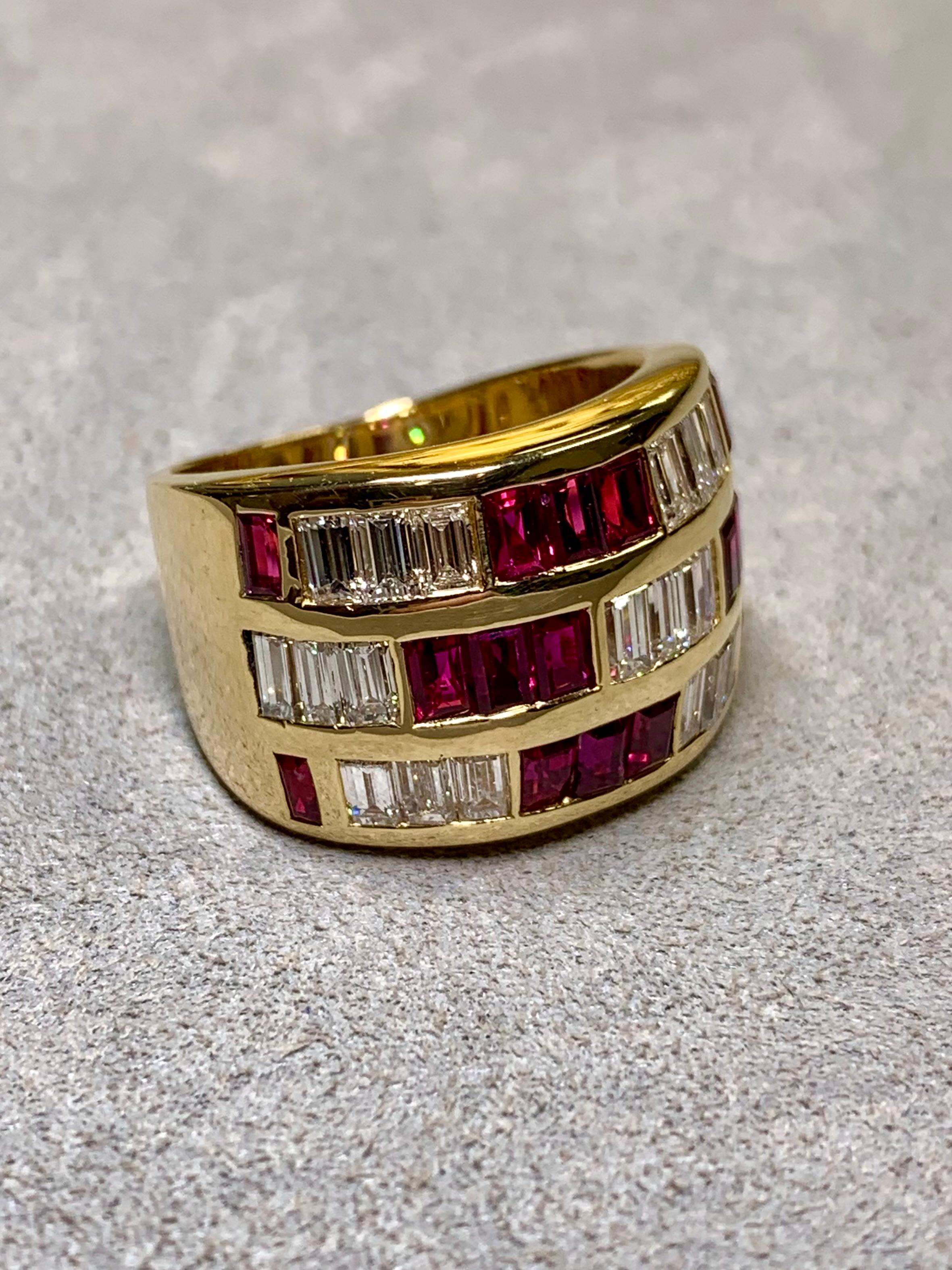 Baguette Cut Estate 18K Baguette Diamond Ruby Wide Band Channel Set Italian Cocktail Ring For Sale