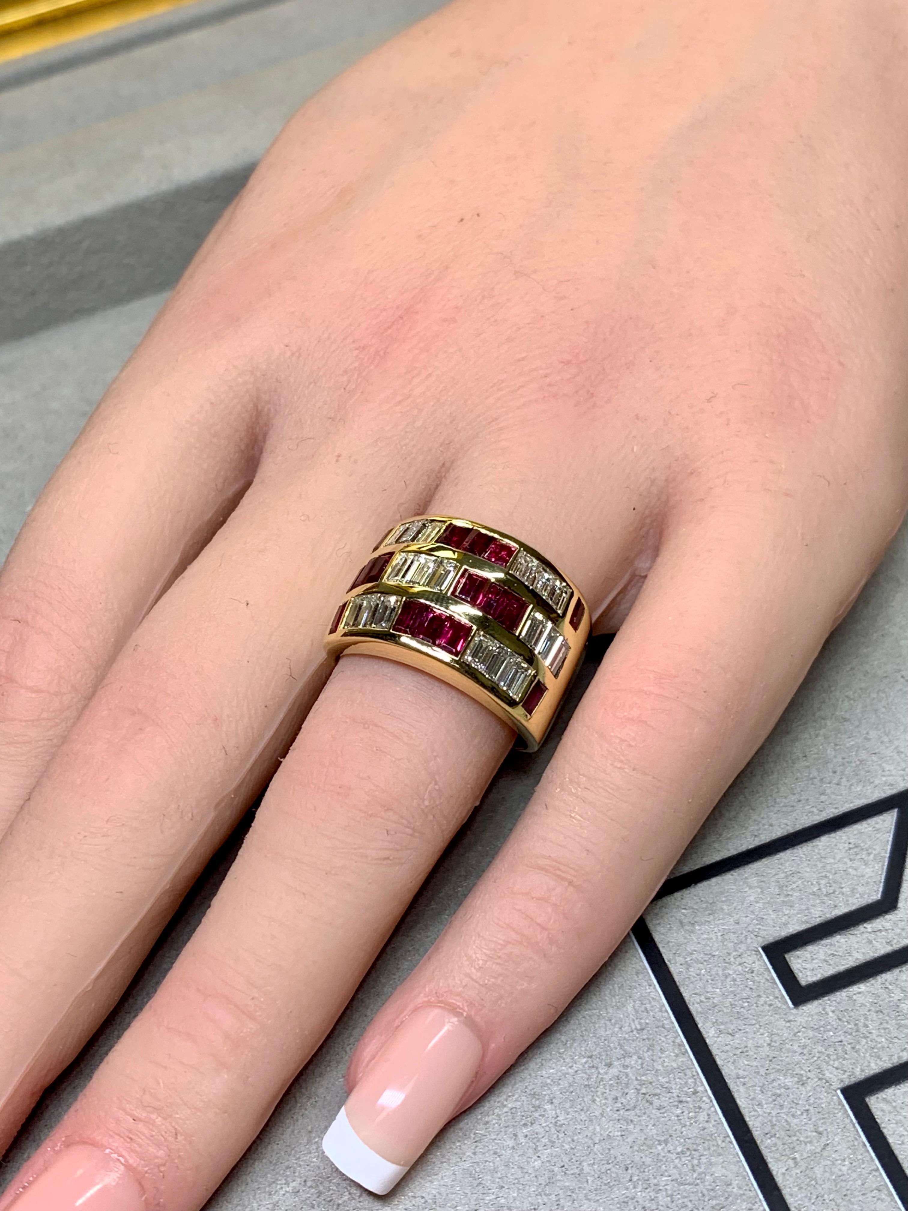 Estate 18K Baguette Diamond Ruby Wide Band Channel Set Italian Cocktail Ring In Excellent Condition For Sale In Winter Springs, FL
