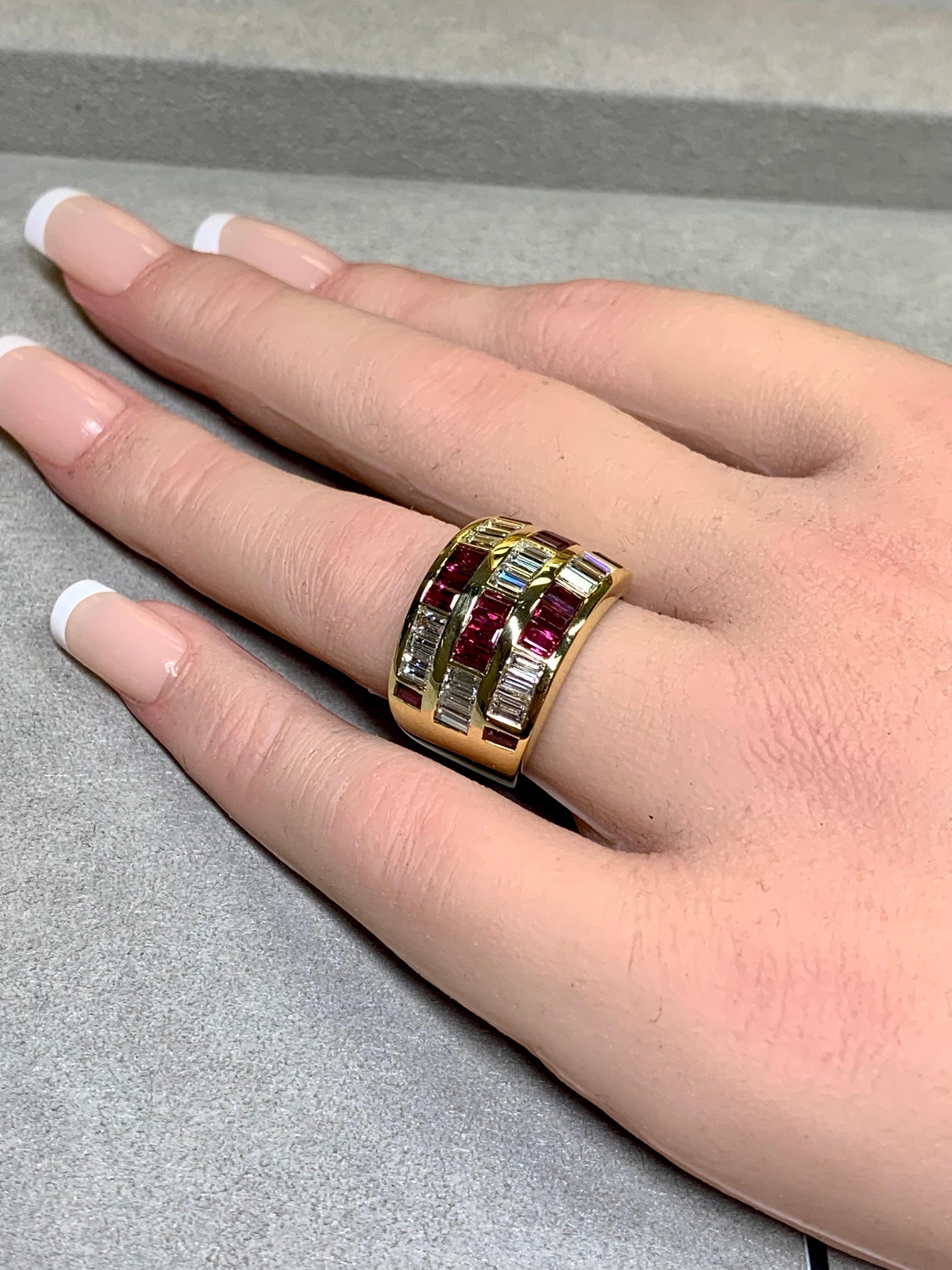 Women's or Men's Estate 18K Baguette Diamond Ruby Wide Band Channel Set Italian Cocktail Ring For Sale